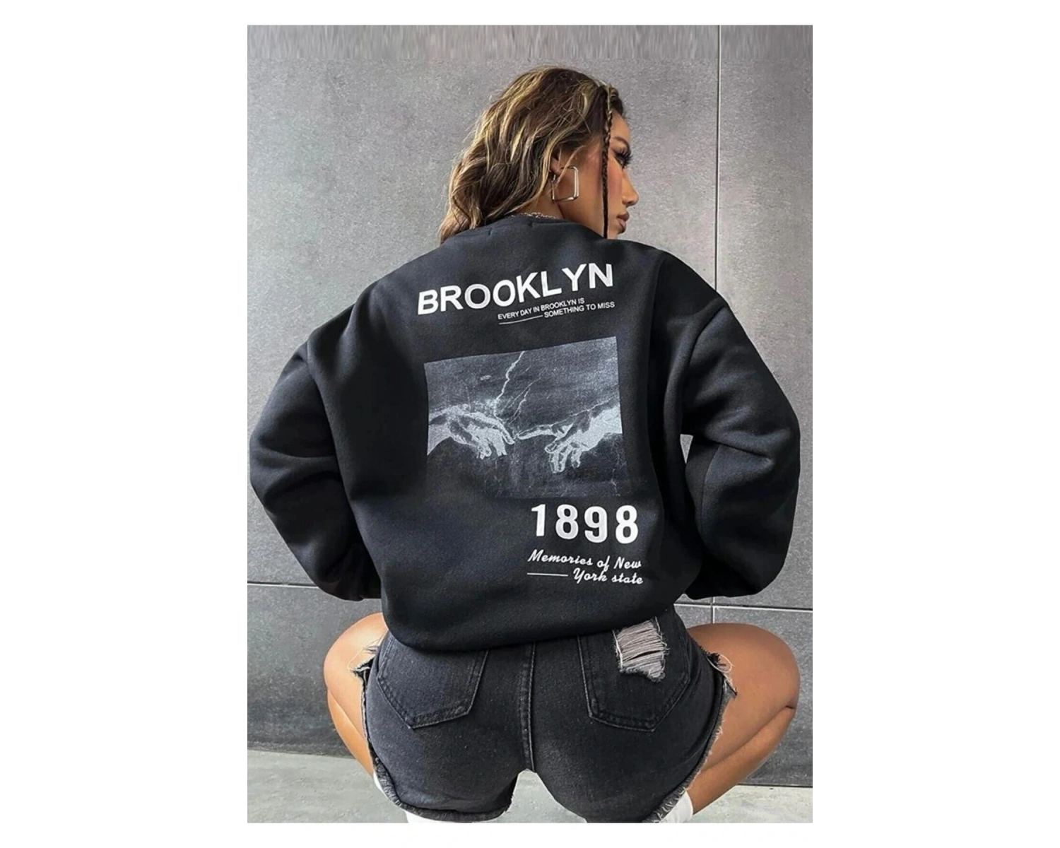 Unisex Brooklyn Baskılı Bisiklet Yaka Sweatshirt Beyaz