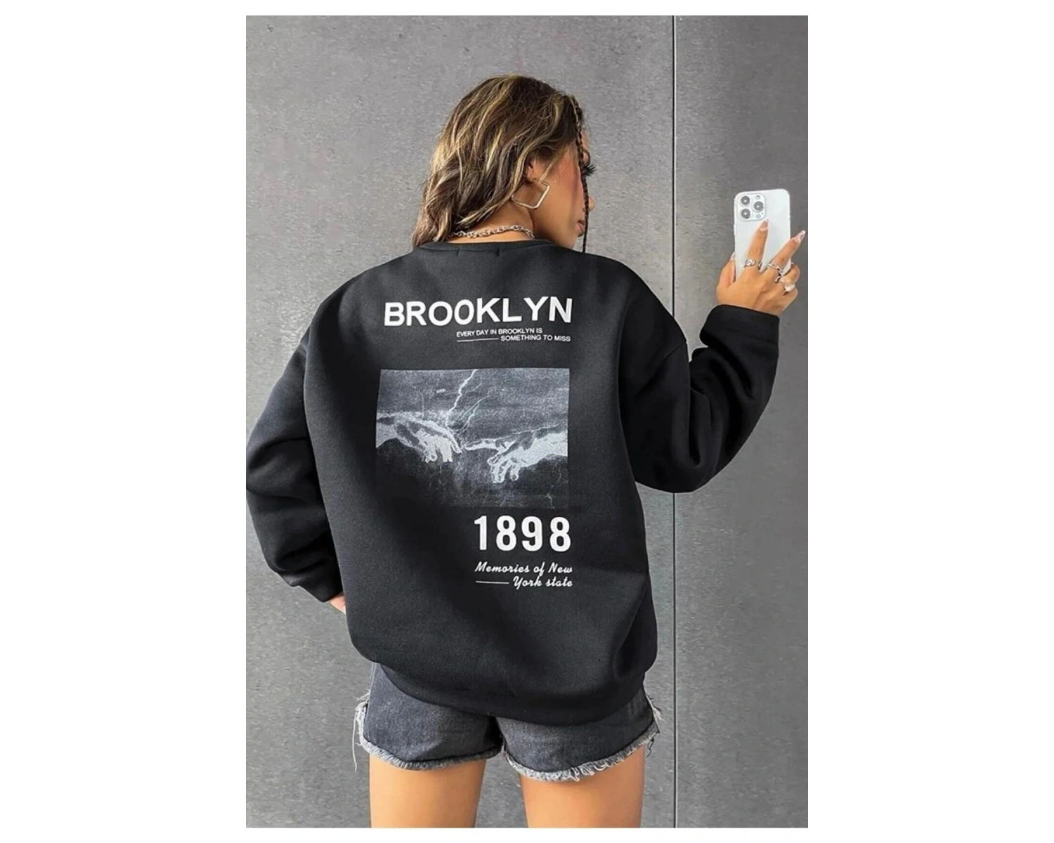 Unisex Brooklyn Baskılı Bisiklet Yaka Sweatshirt Beyaz