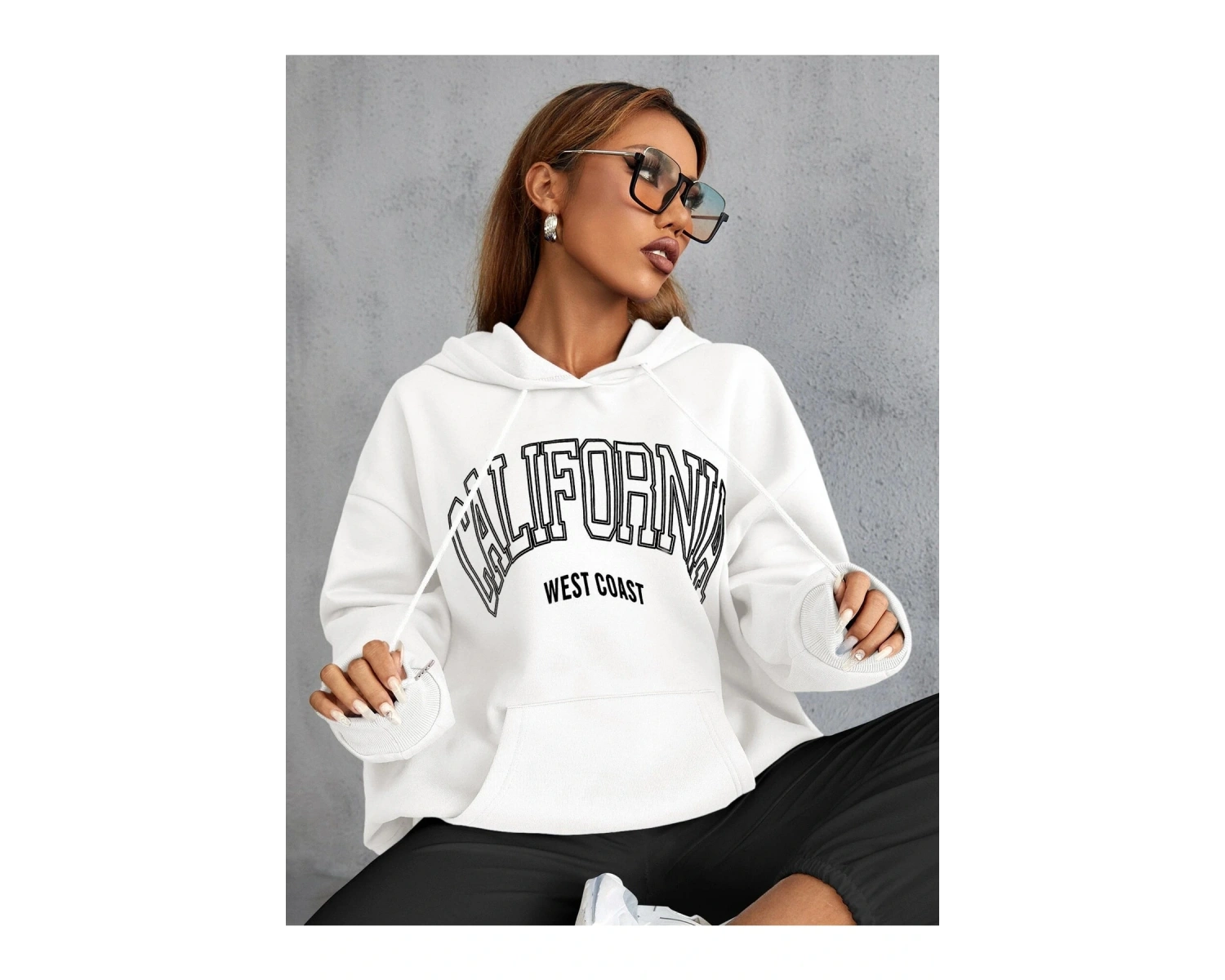 Unisex Calıfornia Baskılı Kapüşonlu Sweatshirt Beyaz
