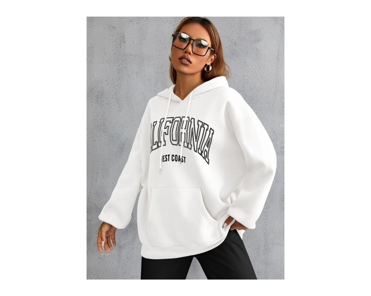 Unisex Calıfornia Baskılı Kapüşonlu Sweatshirt Beyaz