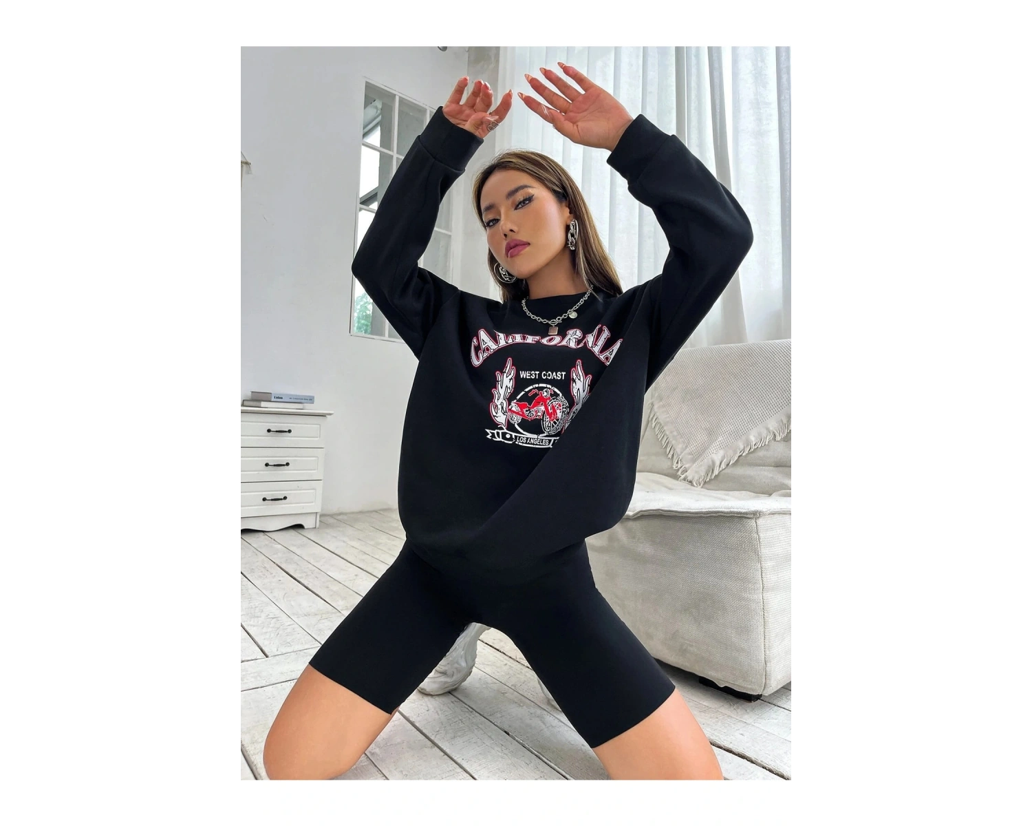 Unisex Calıfornia Baskılı Kapüşonlu Sweatshirt Beyaz