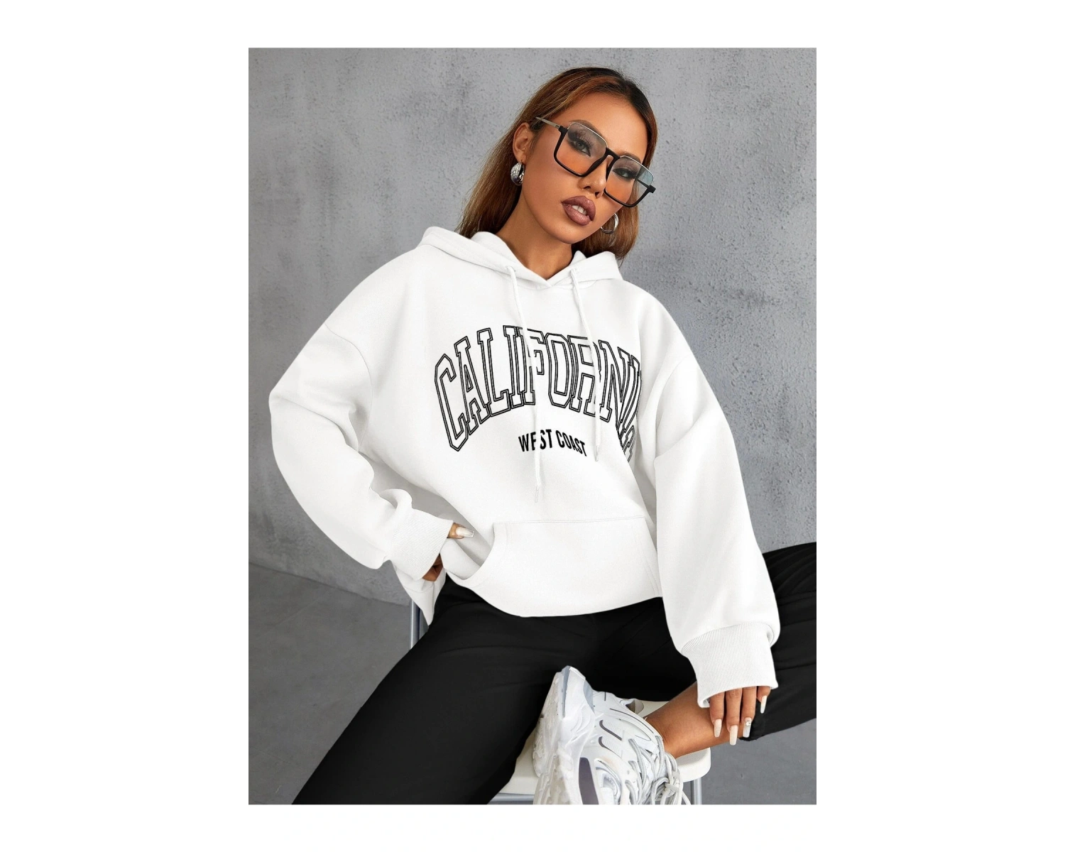 Unisex Calıfornia Baskılı Kapüşonlu Sweatshirt Beyaz