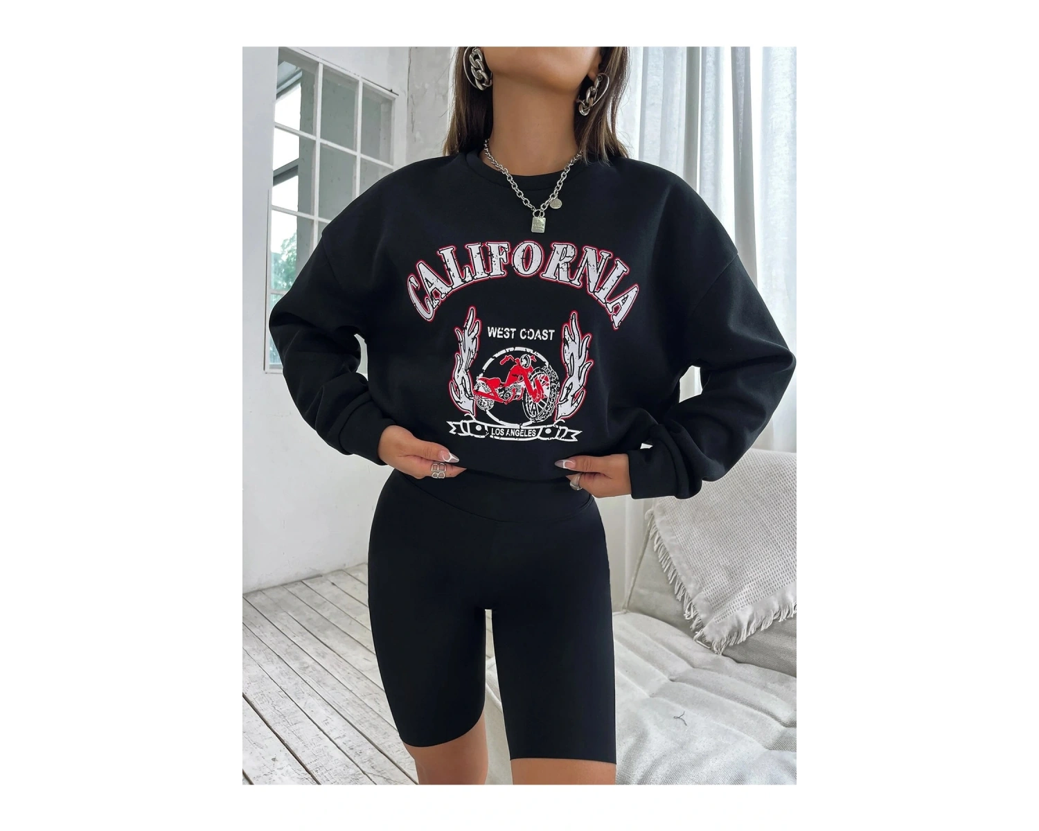 Unisex Calıfornia Baskılı Kapüşonlu Sweatshirt Beyaz