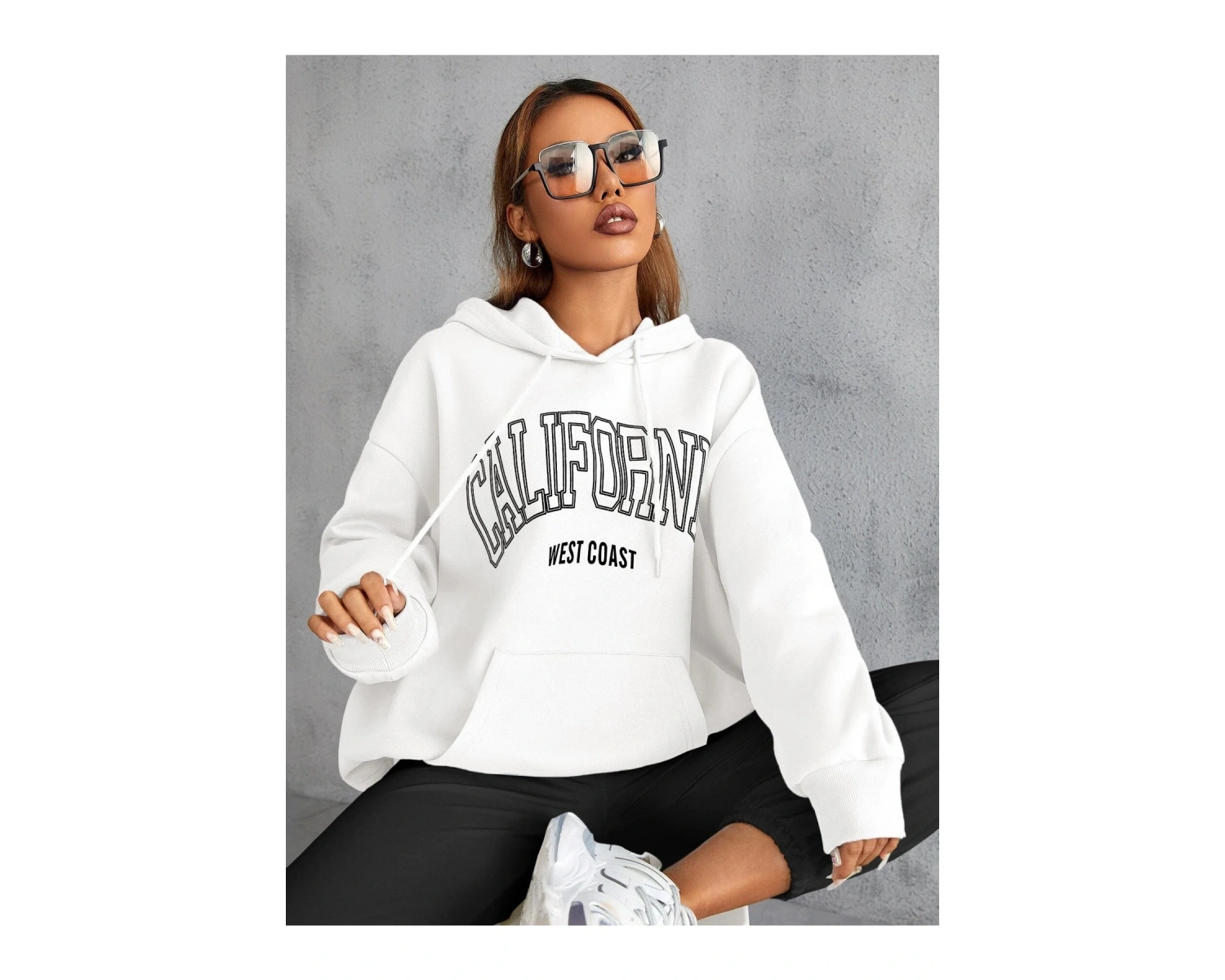 Unisex Calıfornia Baskılı Kapüşonlu Sweatshirt Beyaz