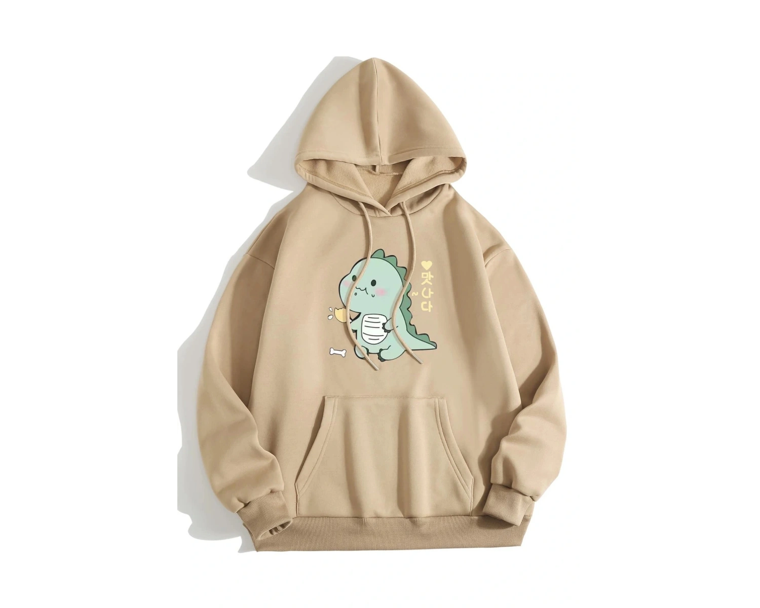 Unisex Dino Baskılı Oversize Kapüşonlu Pamuklu Sweatshirt Bej