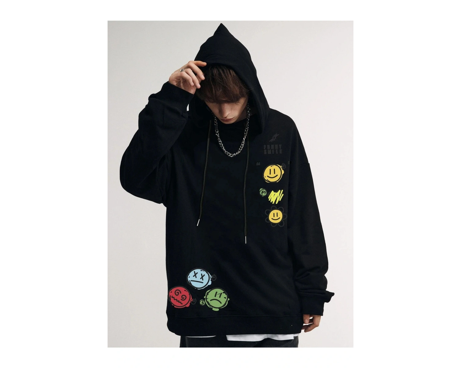 Unisex Emoji Özel Baskılı Kapüşonlu Oversize Sweatshirt Siyah