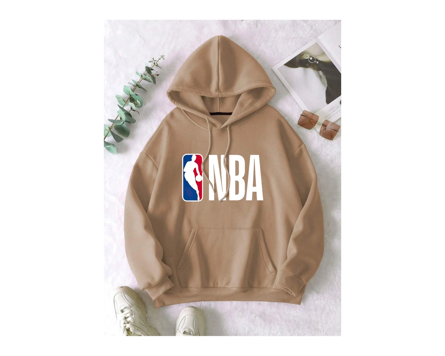 Unisex Erkek/Kadın BASKET Renkli Özel Baskılı Oversize Kapüşonlu Sweatshirt Bej