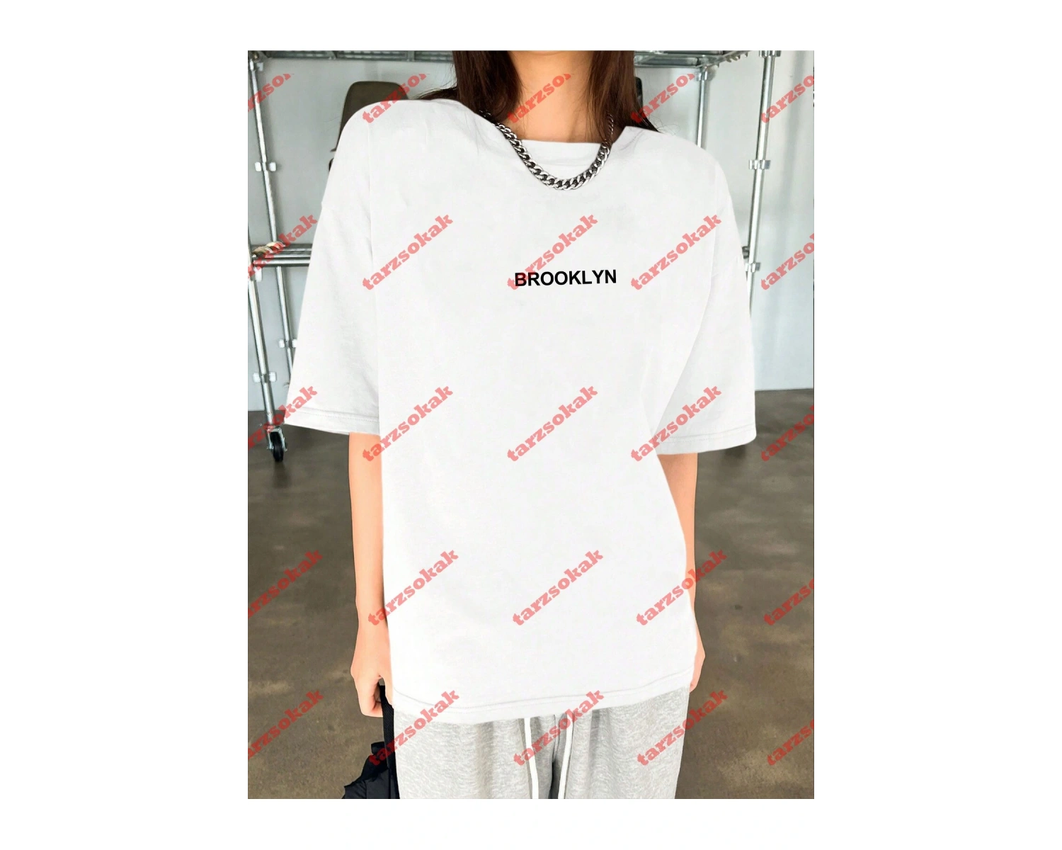 Unisex Erkek/Kadın BROOKLYN Renkli Özel Baskılı Oversize Pamuklu Bisiklet Yaka T-Shirt Tişört Beyaz