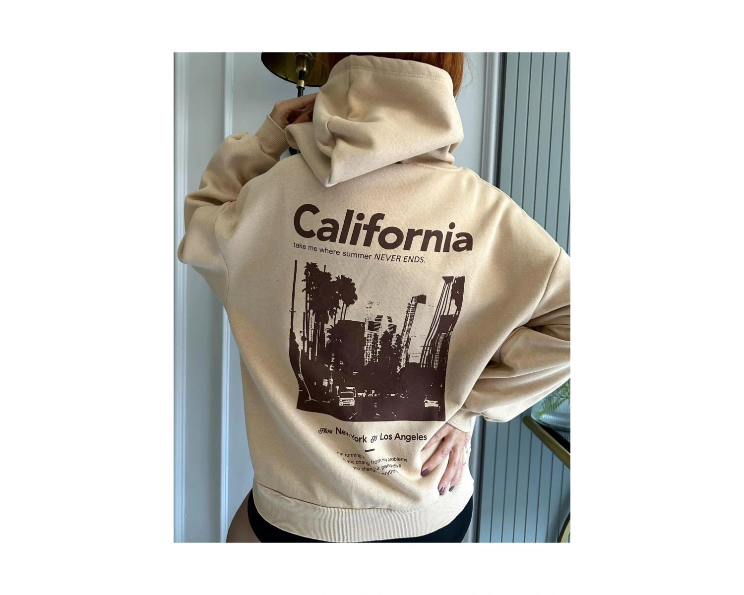 Unisex Erkek/Kadın Calıfornia Renkli Özel Baskılı Oversize Kapüşonlu Sweatshirt Bej