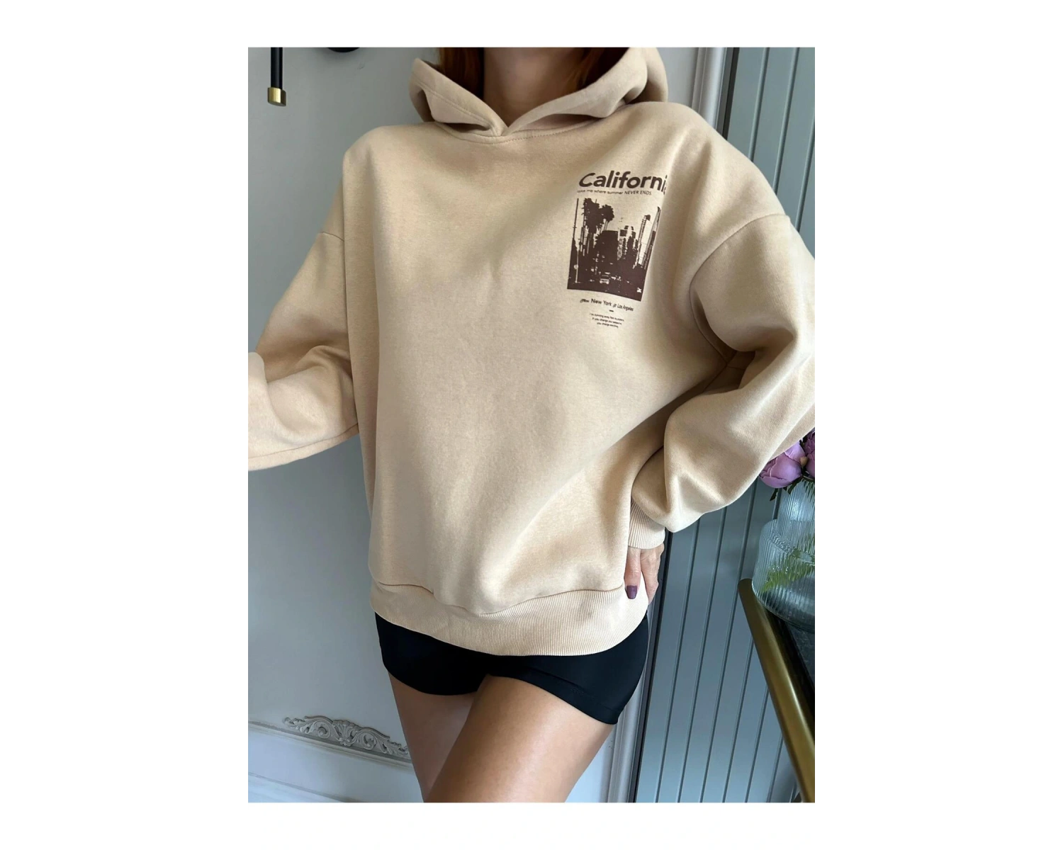 Unisex Erkek/Kadın Calıfornia Renkli Özel Baskılı Oversize Kapüşonlu Sweatshirt Bej