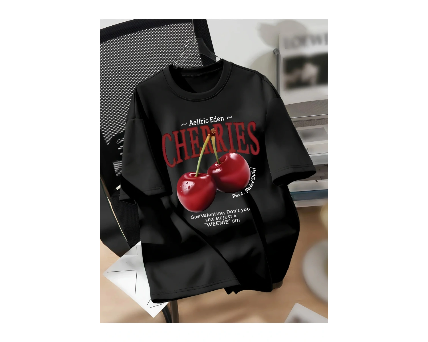 Unisex Erkek/Kadın CHERRIES Özel Baskılı Oversize Pamuklu Bisiklet Yaka