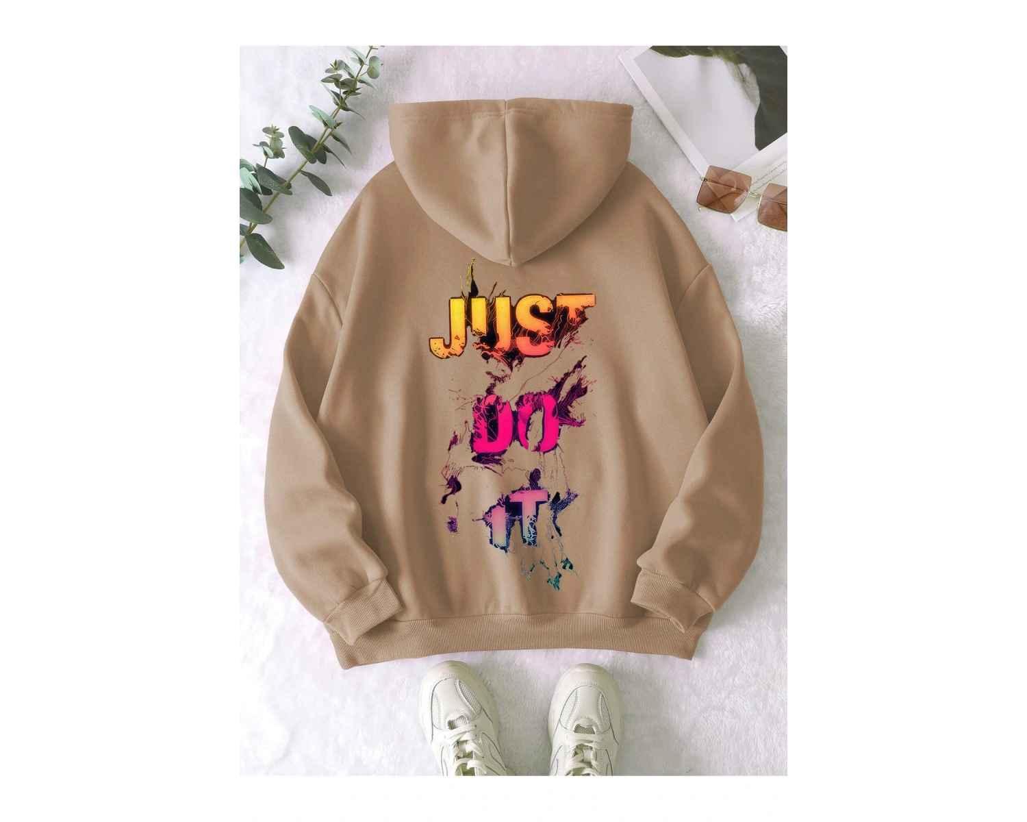 Unisex Erkek/Kadın JUSTDOIT Renkli Özel Baskılı Oversize Kapüşonlu Sweatshirt Bej
