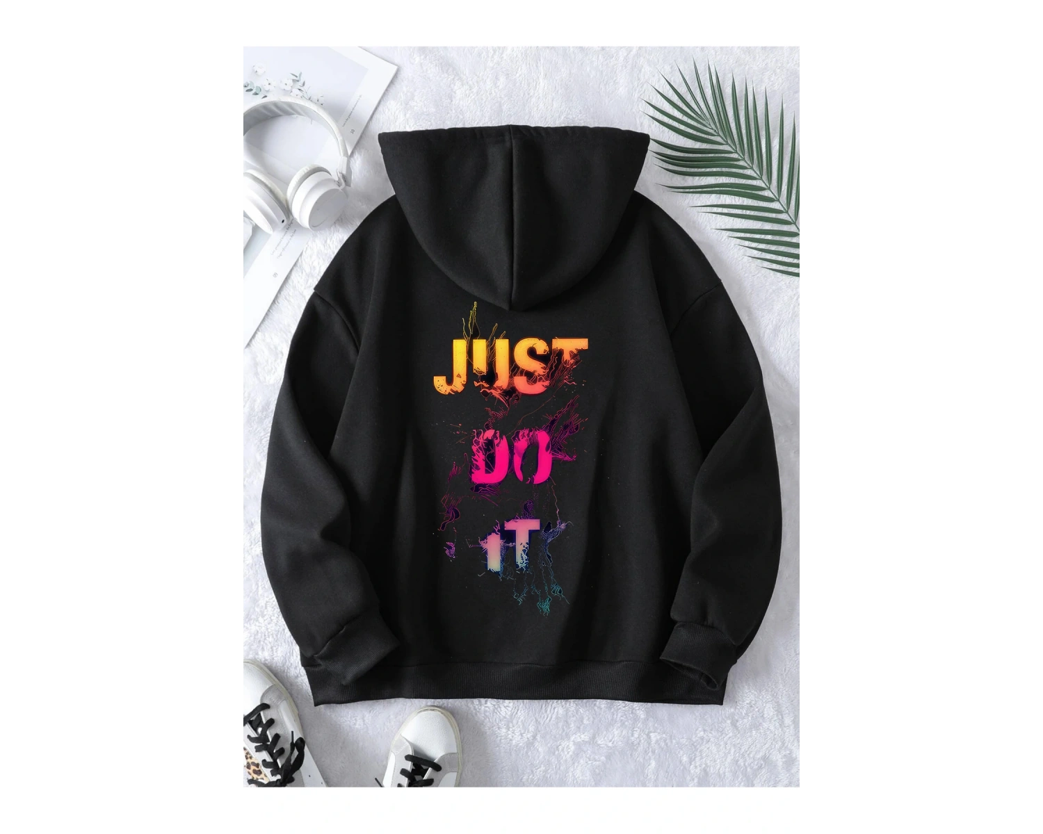 Unisex Erkek/Kadın JUSTDOIT Renkli Özel Baskılı Oversize Kapüşonlu Sweatshirt Beyaz