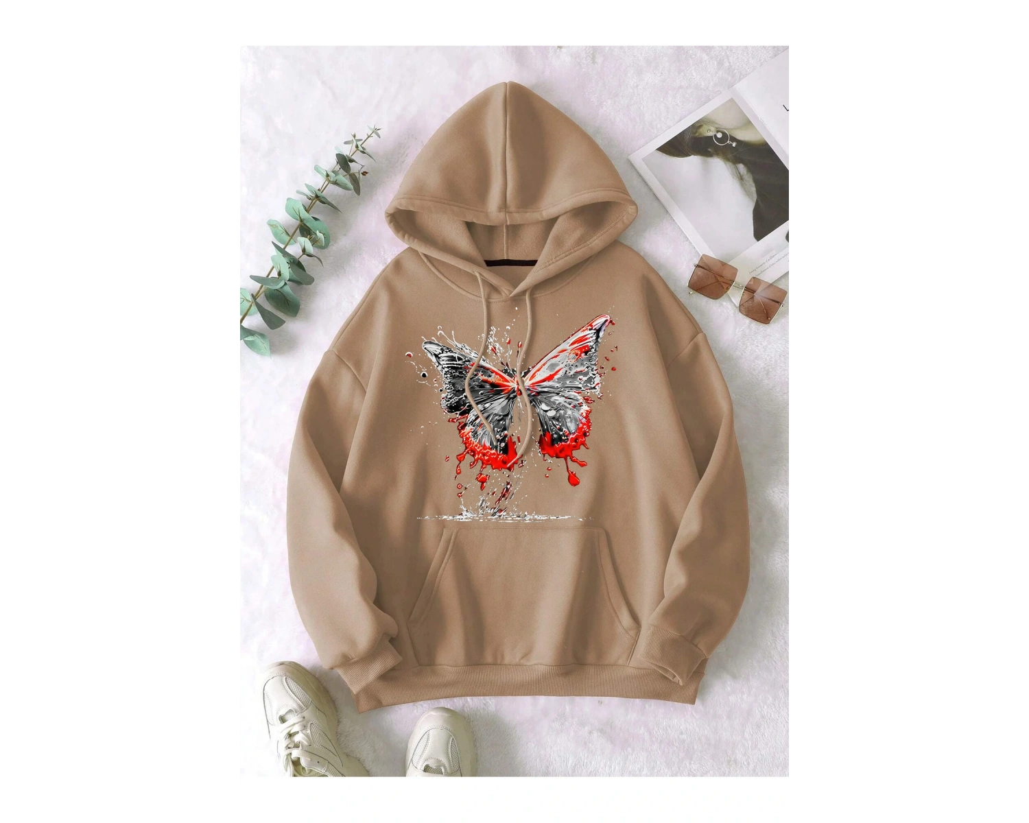Unisex Erkek/Kadın Kelebek Renkli Özel Baskılı Oversize Kapüşonlu Sweatshirt Bej