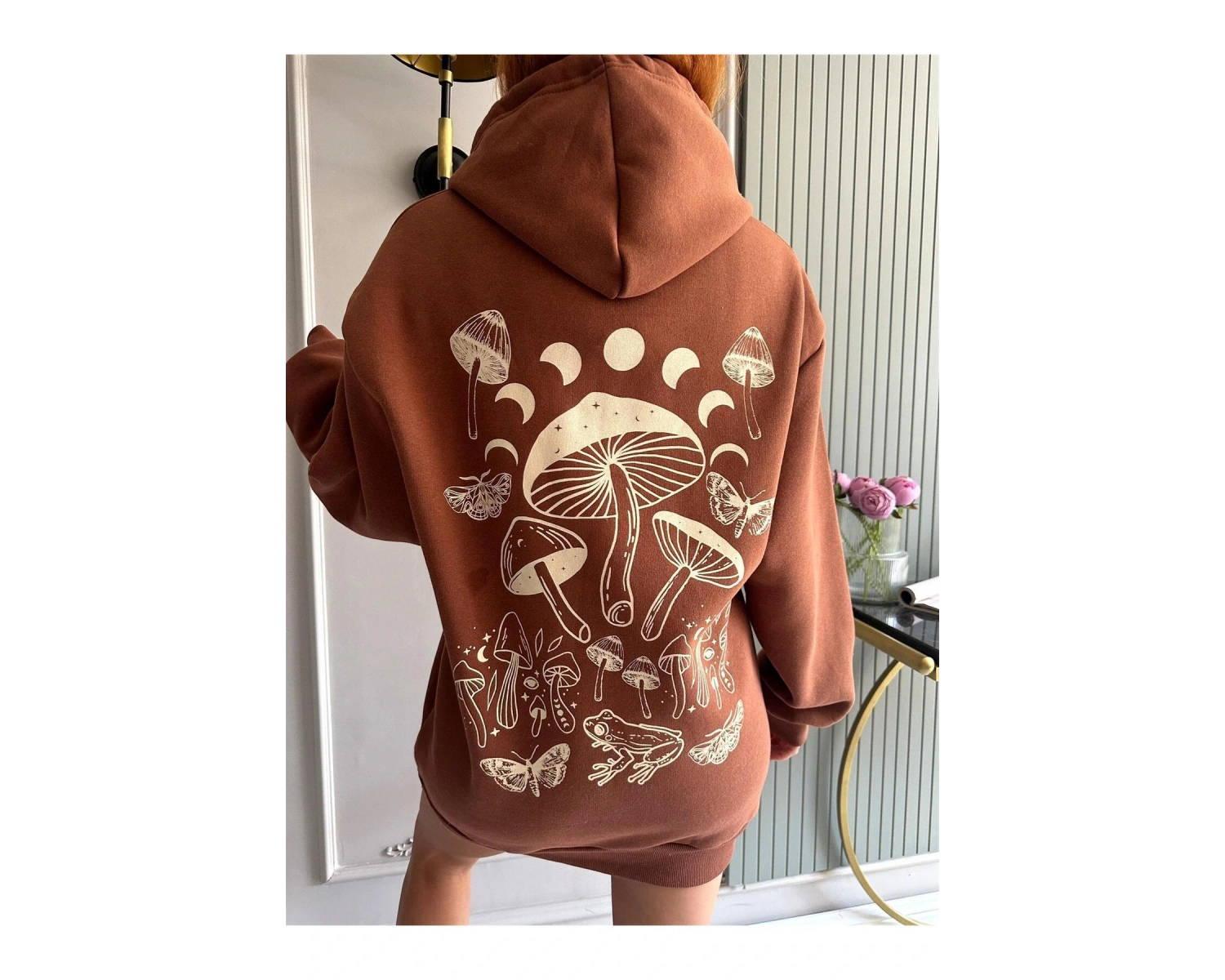 Unisex Erkek/Kadın MANTAR Renkli Özel Baskılı Oversize Kapüşonlu Sweatshirt Kahverengi