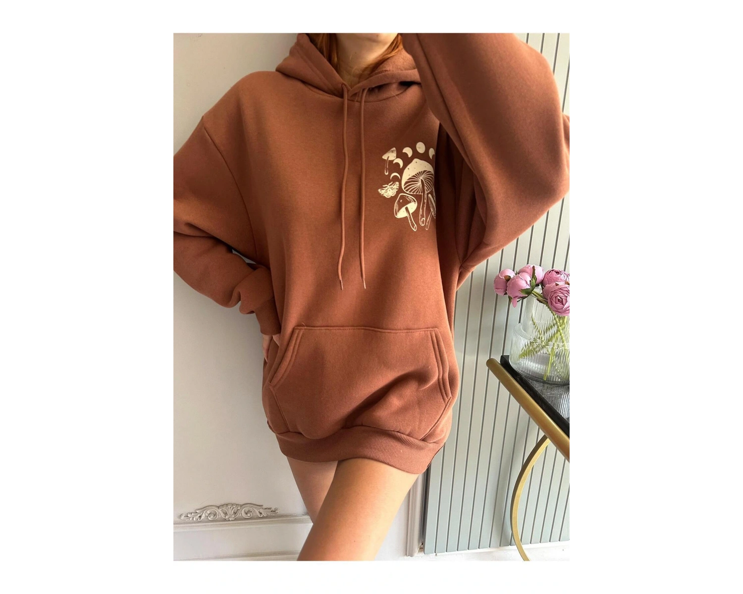 Unisex Erkek/Kadın MANTAR Renkli Özel Baskılı Oversize Kapüşonlu Sweatshirt Kahverengi