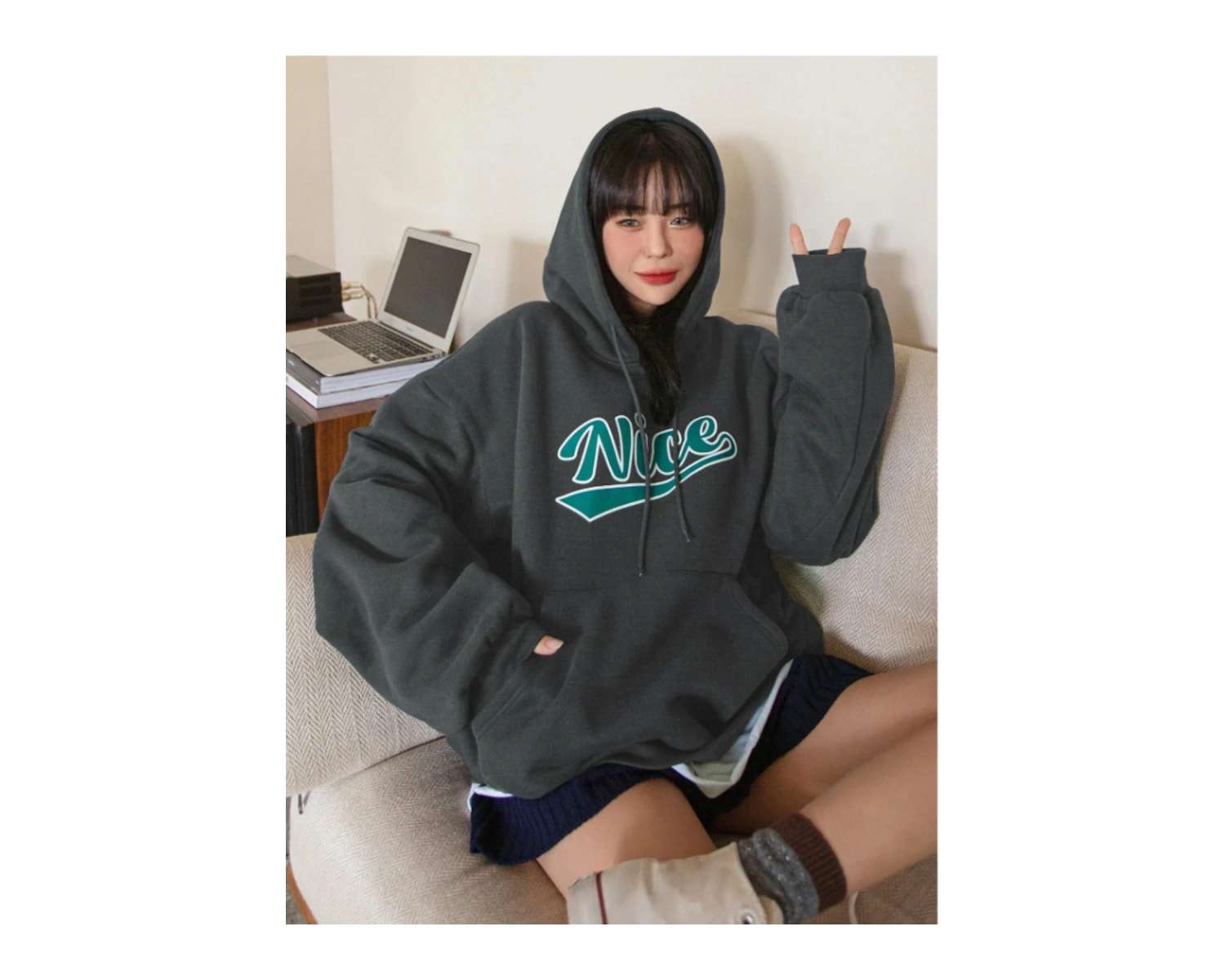 Unisex Erkek/Kadın Nice Renkli Özel Baskılı Oversize Kapüşonlu Sweatshirt Füme