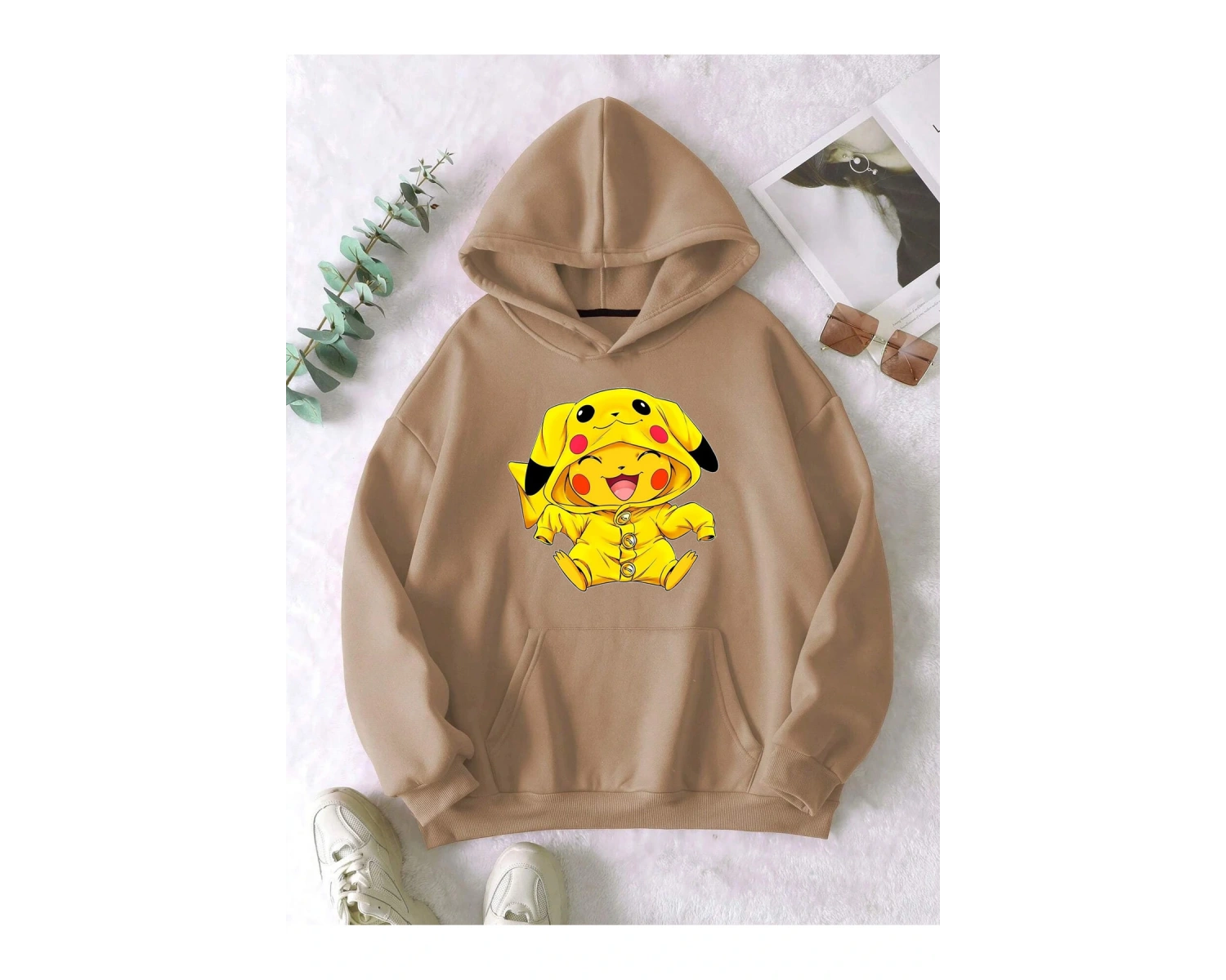 Unisex Erkek/Kadın Pikachu Renkli Özel Baskılı Oversize Kapüşonlu Sweatshirt Bej