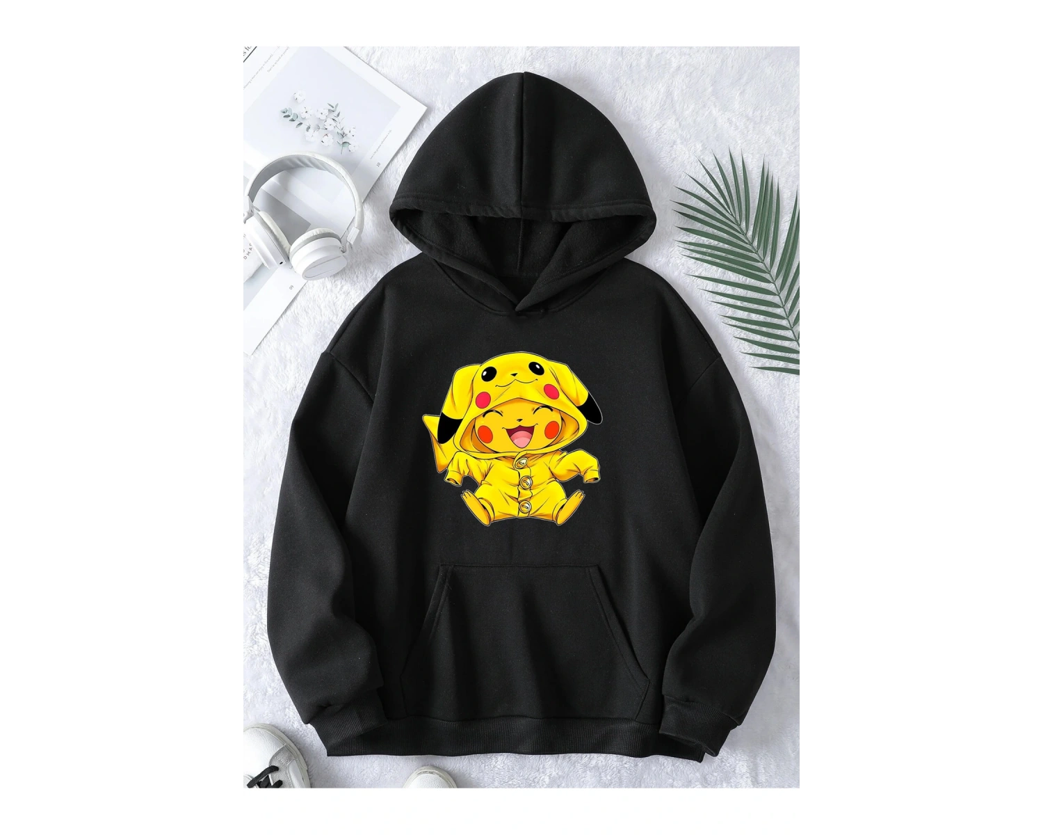 Unisex Erkek/Kadın Pikachu Renkli Özel Baskılı Oversize Kapüşonlu Sweatshirt Beyaz