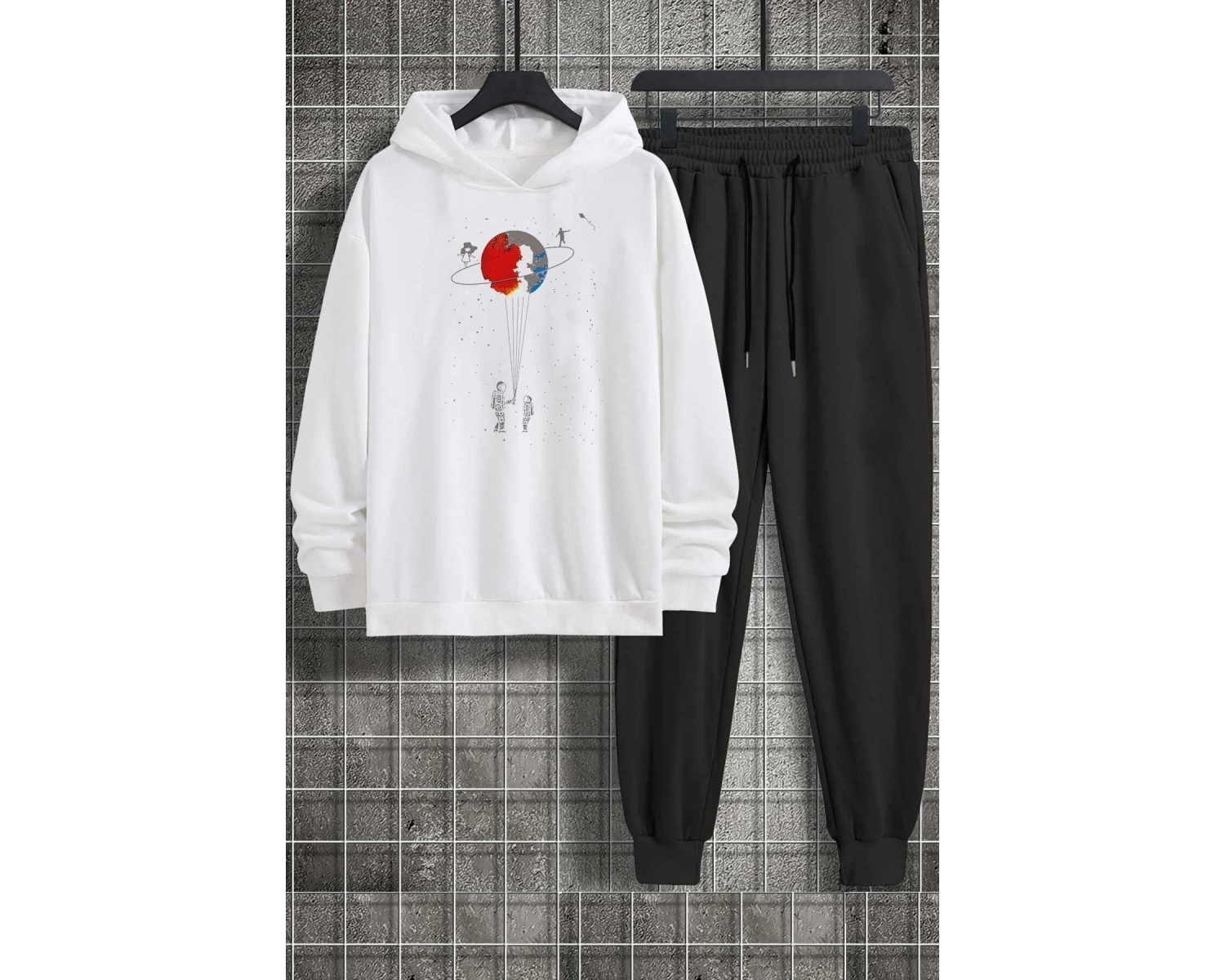 Unisex Evren Temalı Baskılı Eşofman Takımı KP-SIYAH-RENKLISATURN-ESH-DUZ