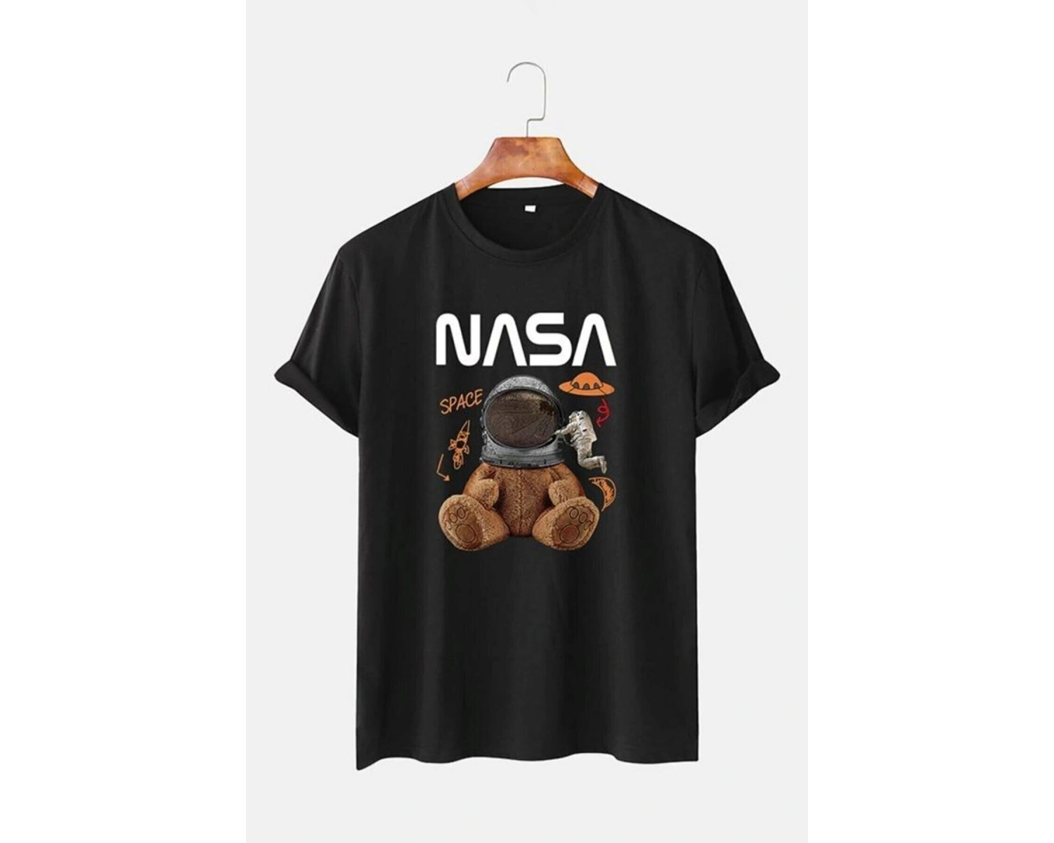 Unisex Gri Ayıcık Nasa Baskılı Tshirt
