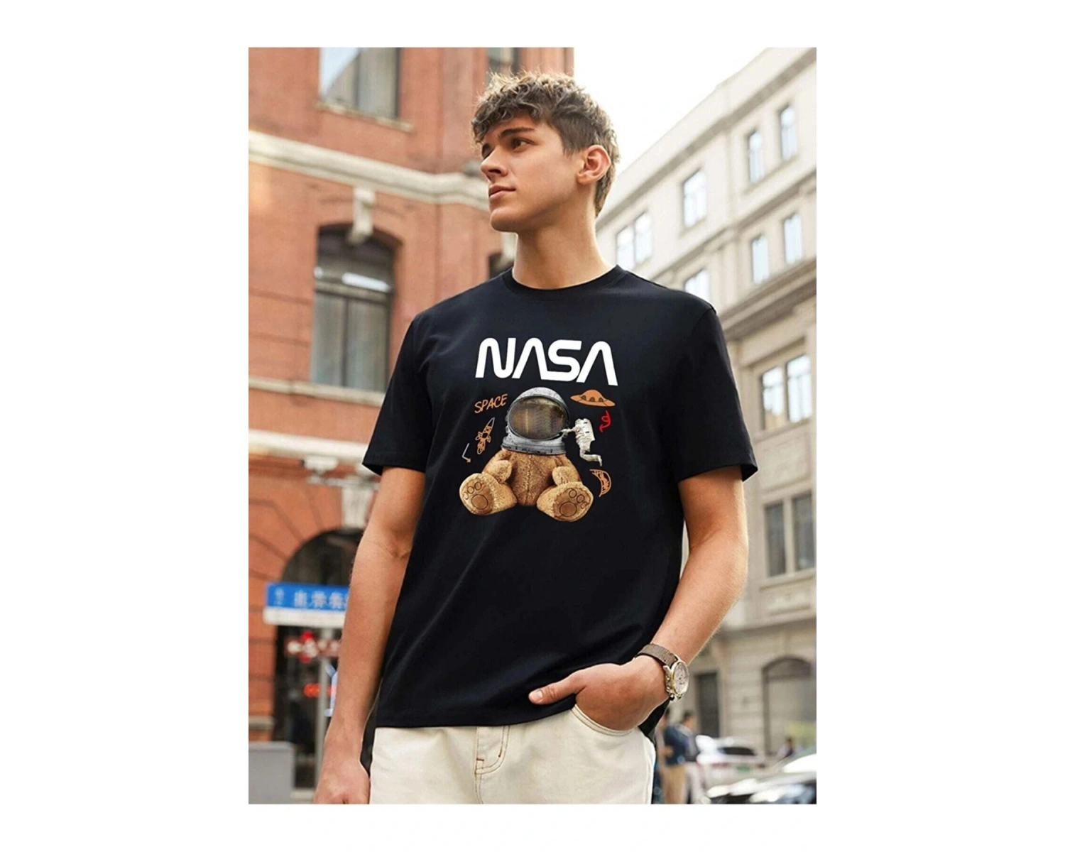 Unisex Gri Ayıcık Nasa Baskılı Tshirt
