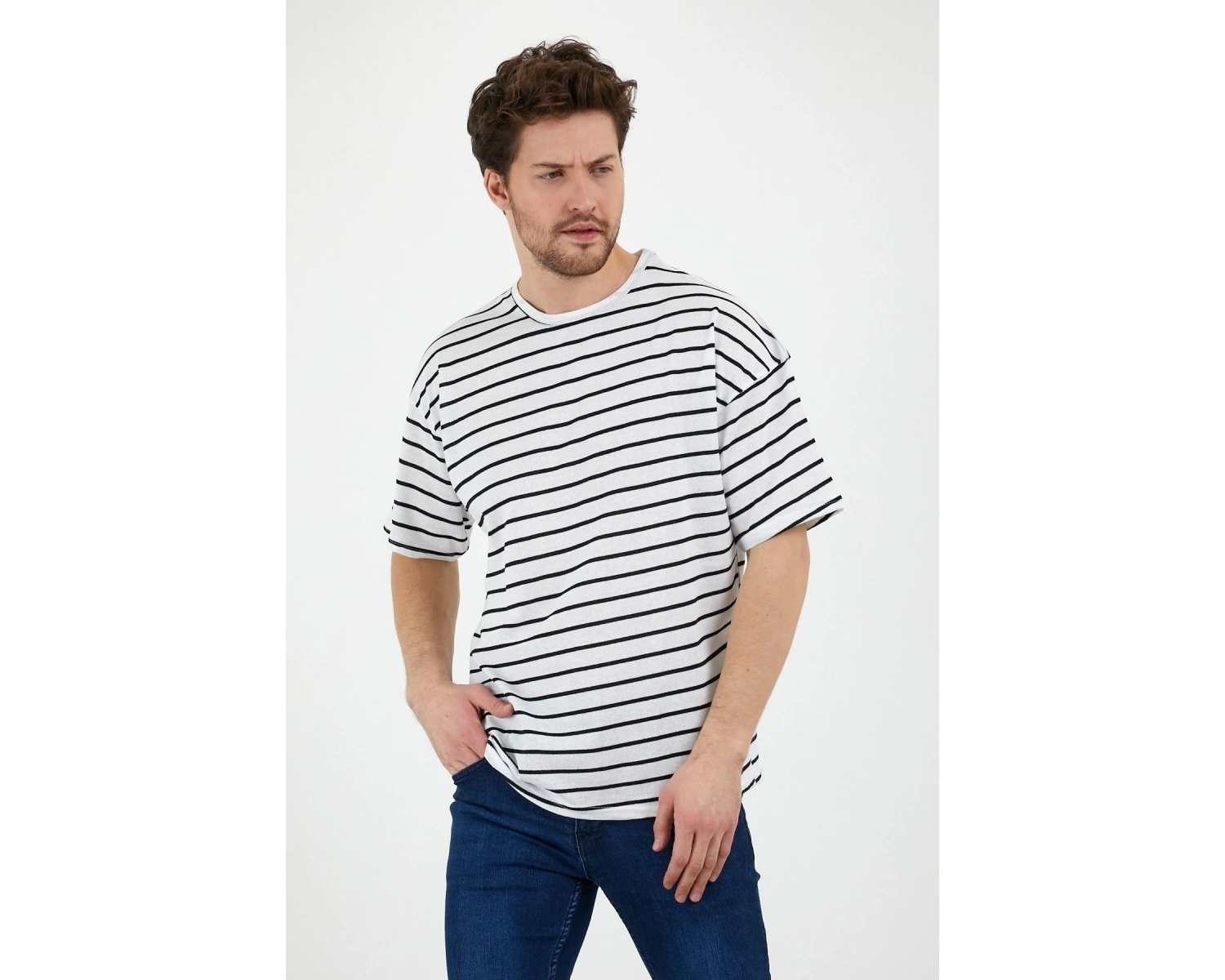 Unisex Gri Beyaz Çizgili Oversize Tshirt