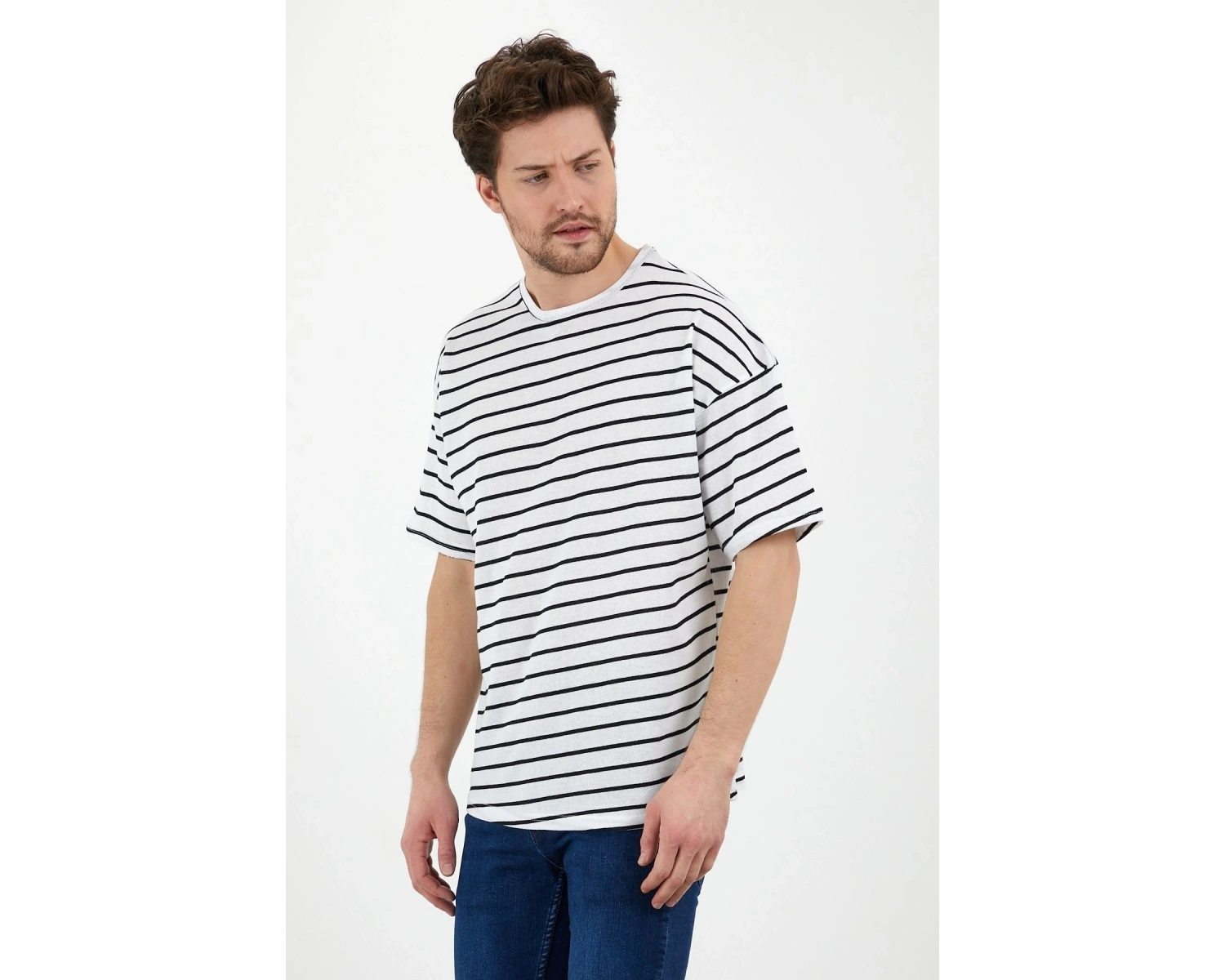 Unisex Gri Beyaz Çizgili Oversize Tshirt