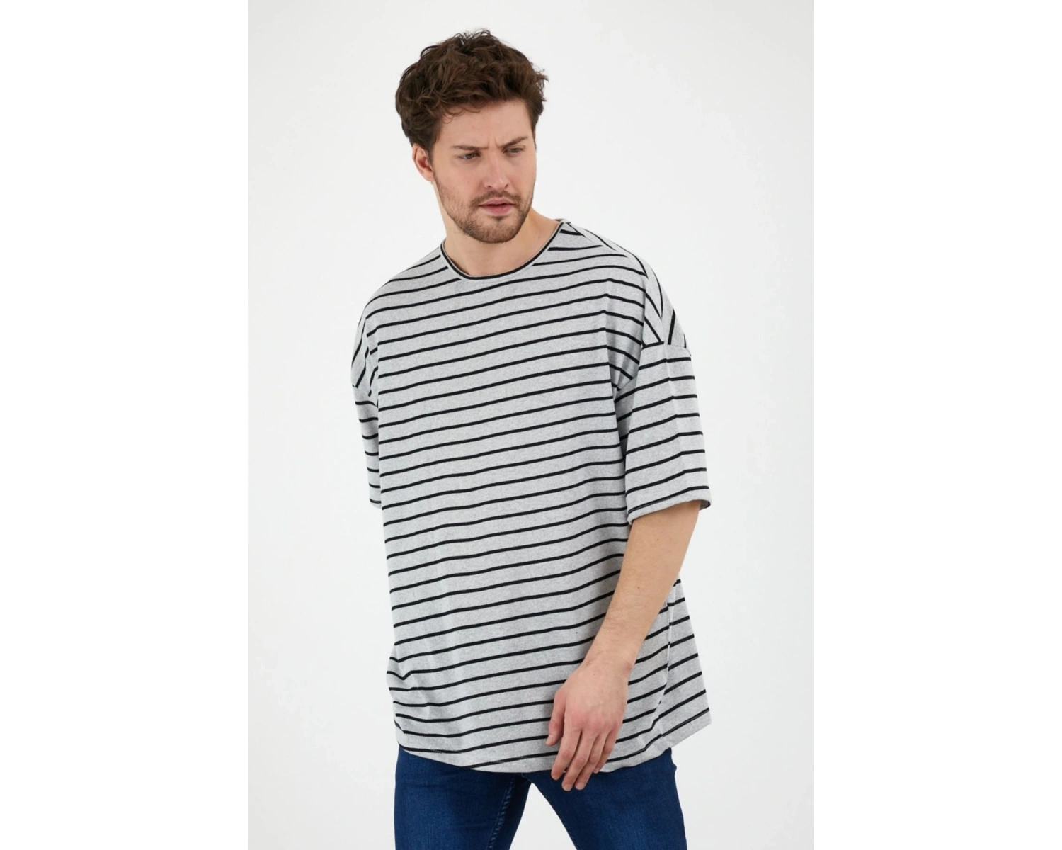 Unisex Gri Beyaz Çizgili Oversize Tshirt