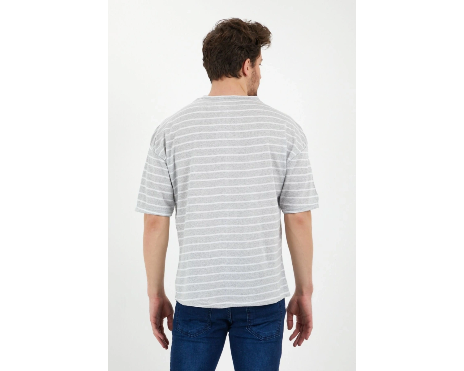 Unisex Gri Beyaz Çizgili Oversize Tshirt