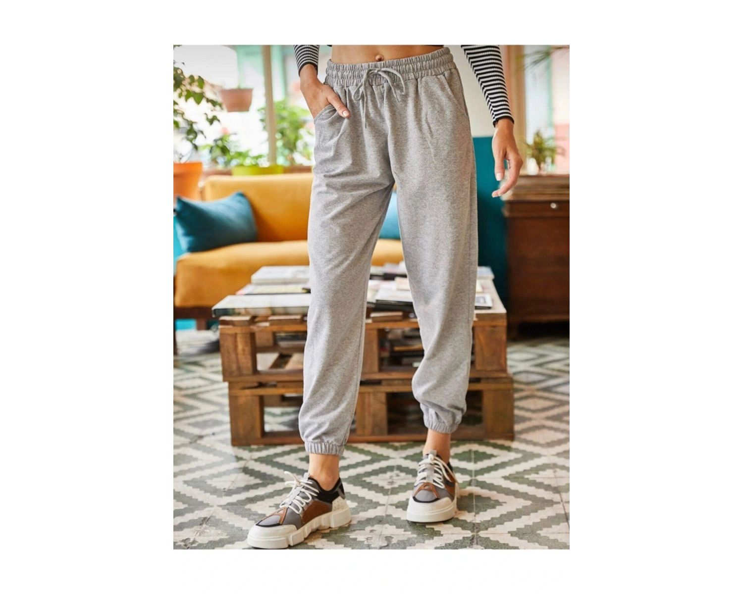 Unisex Gri Cepli Beli Bağcıklı Basic Eşofman Altı Jogger