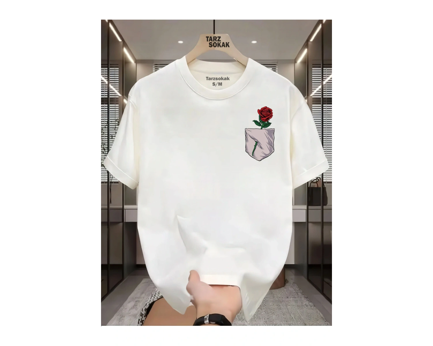 UNİSEX Gül Minimalis Baskı T-shirt