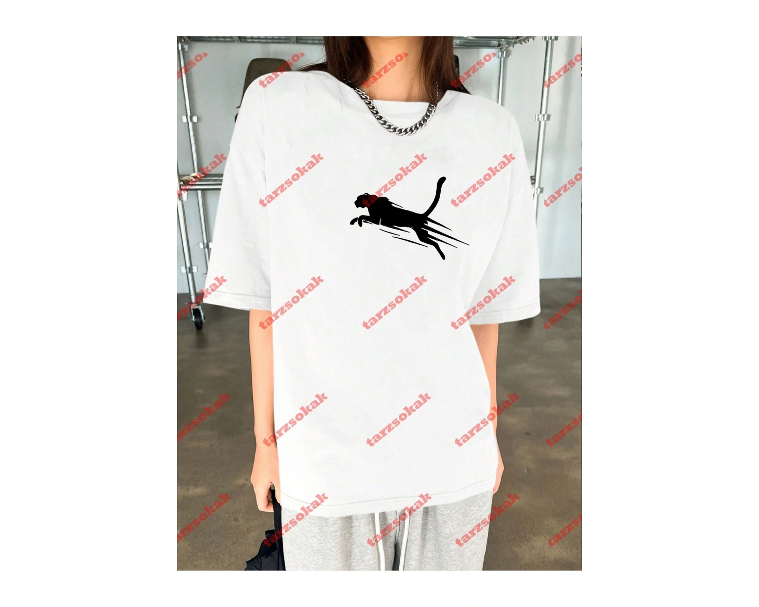 Unisex jaguar Baskılı Tshirt Beyaz