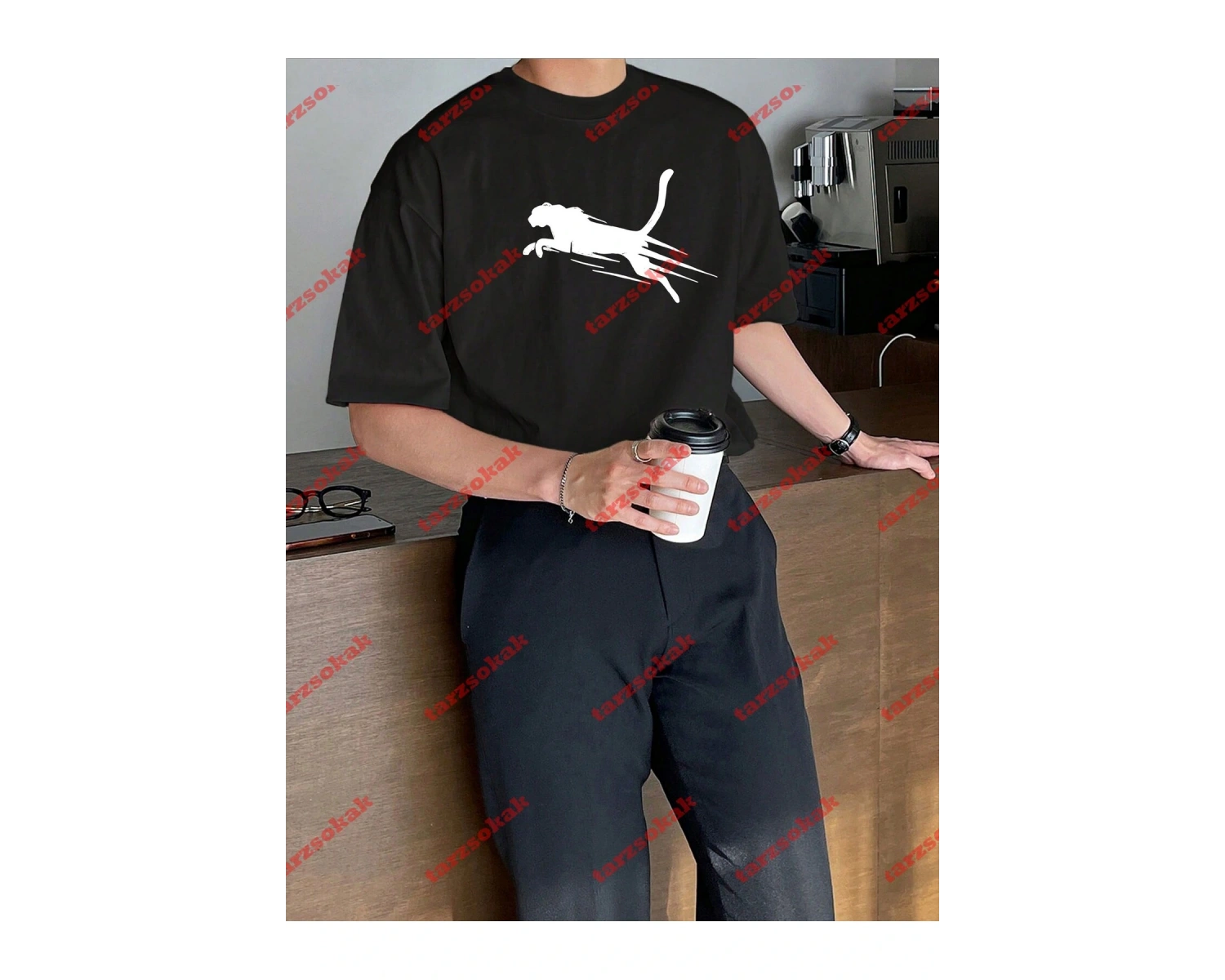 Unisex jaguar Baskılı Tshirt Beyaz