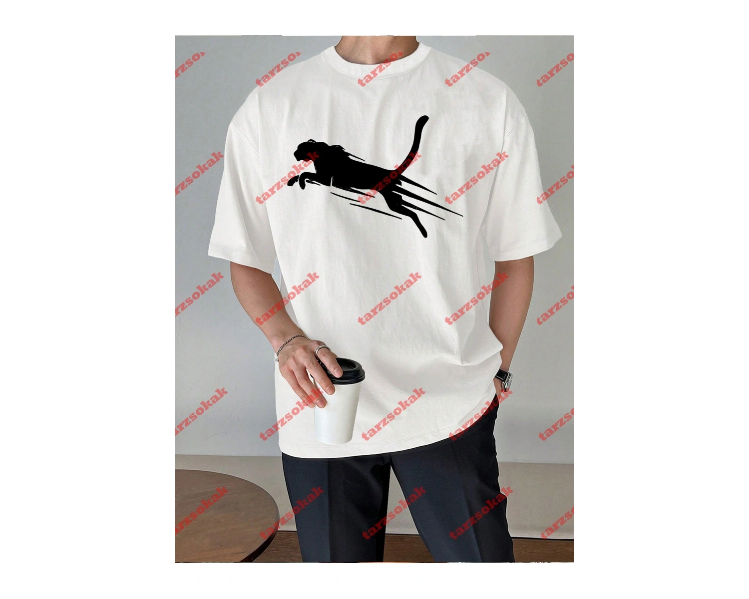 Unisex jaguar Baskılı Tshirt Beyaz