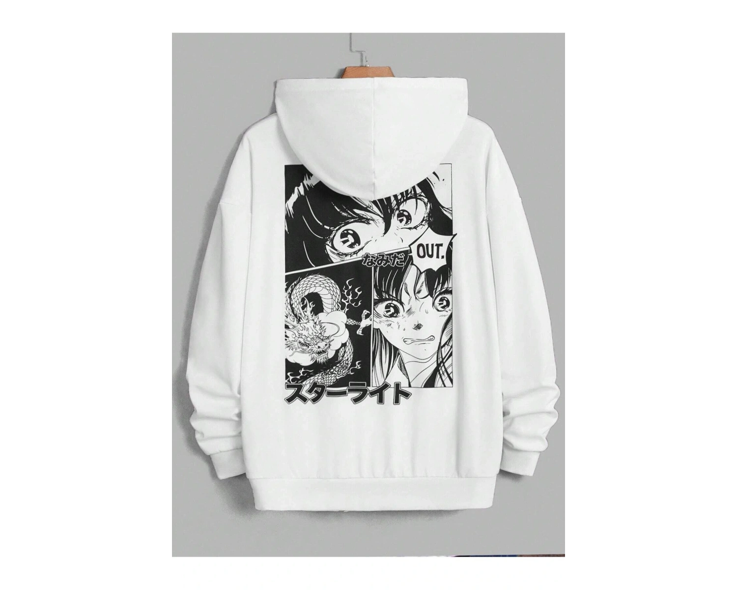 Unisex Kadın/Erkek Beyaz Anime Out Baskılı Oversize Kapüşonlu Sweatshirt