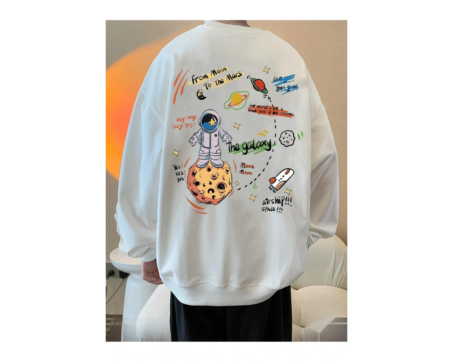 Unisex Kadın/Erkek Beyaz Galaxy Oversize Bisiklet Yaka Pamuklu Sweatshirt