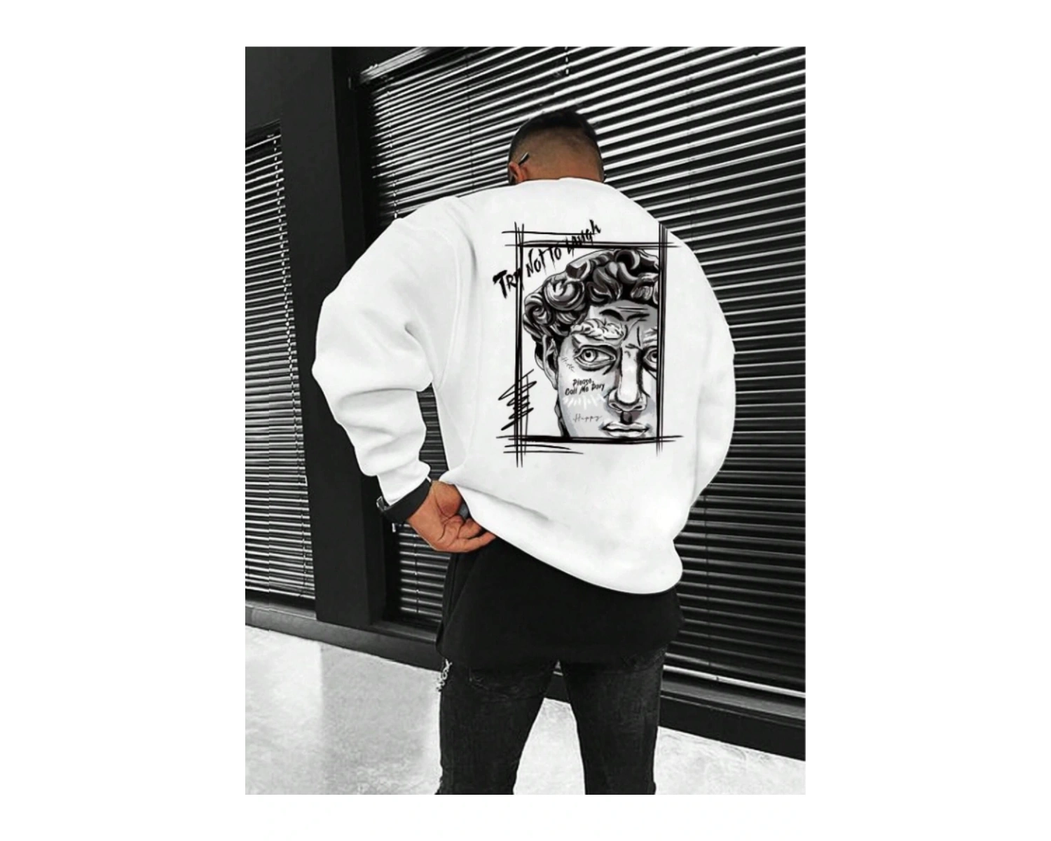 Unisex Kadın/Erkek Beyaz Sanat Oversize Bisiklet Yaka Pamuklu Sweatshirt