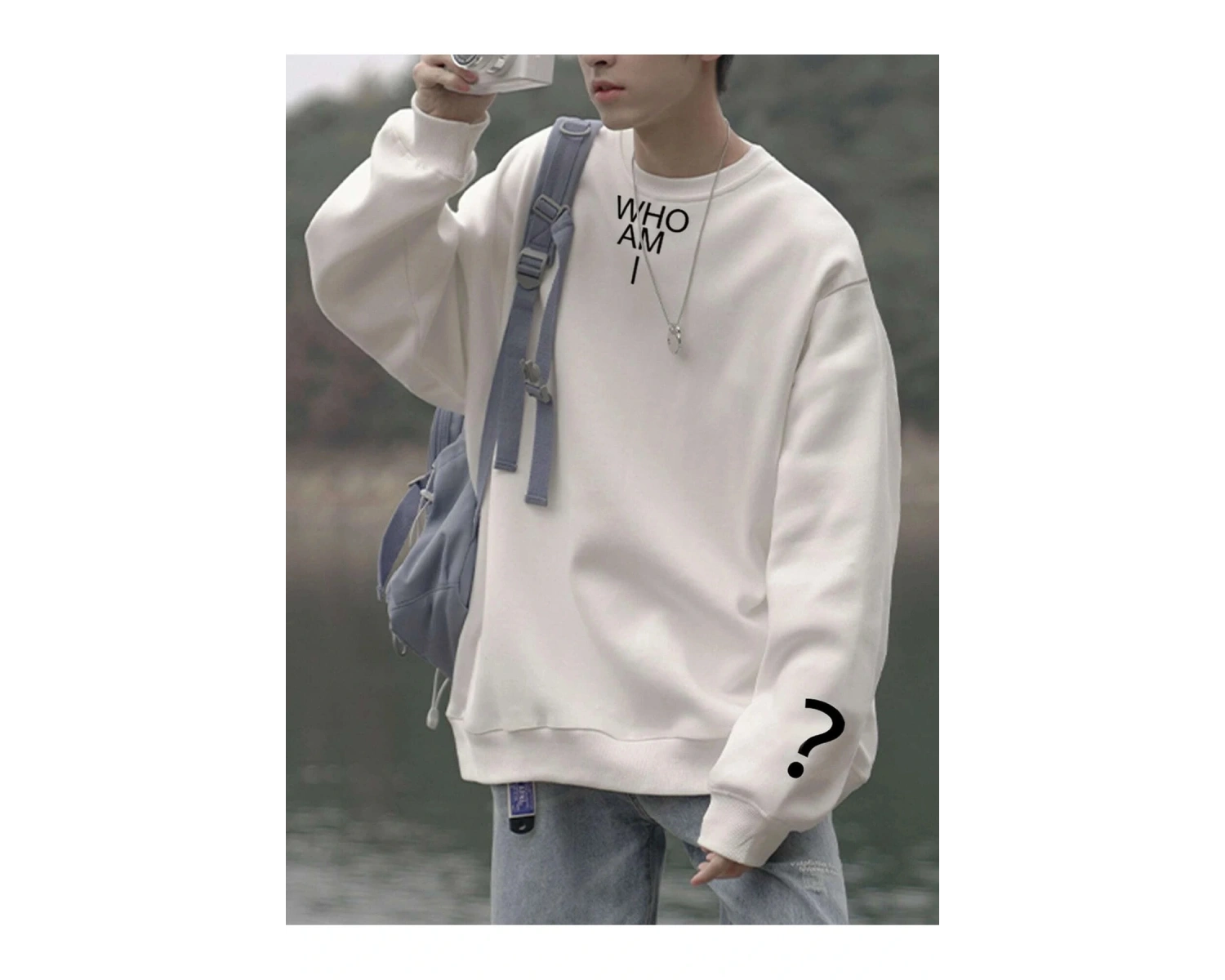 Unisex Kadın/Erkek Beyaz Who Am I Oversize Bisiklet Yaka Pamuklu Sweatshirt