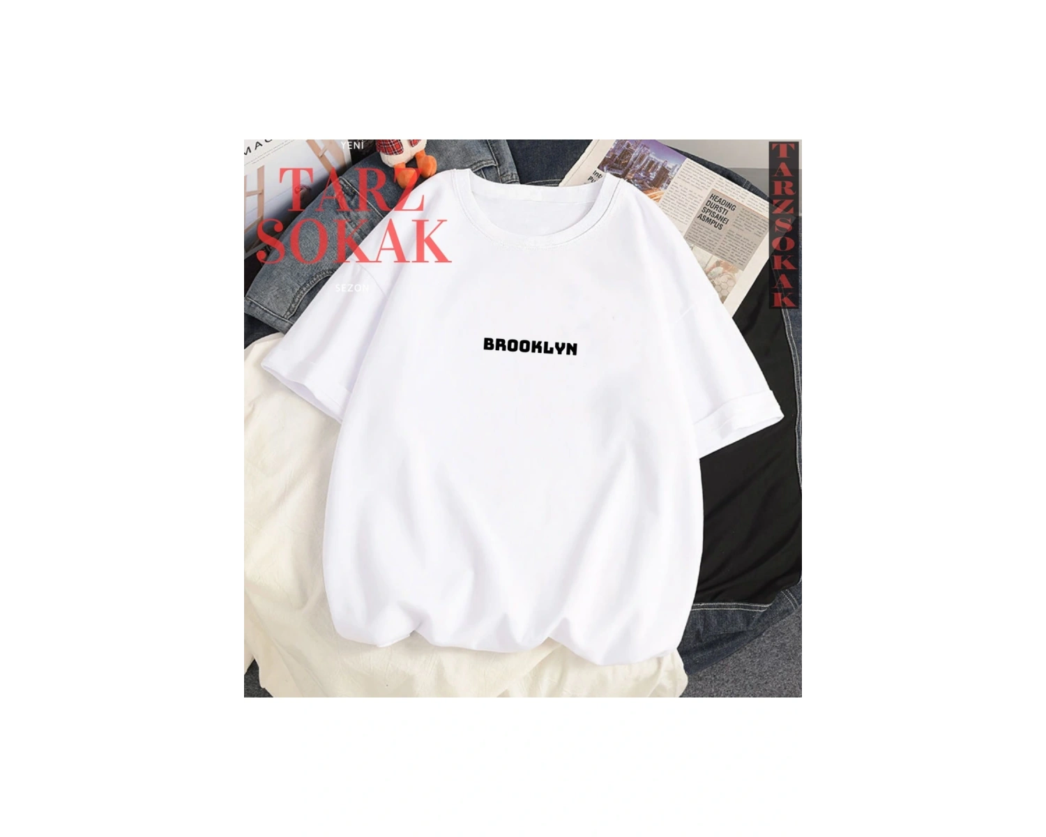 Unisex Kadın/Erkek Brooklyn Özel Renkli Oversize Bisiklet Yaka Pamuklu T-Shirt