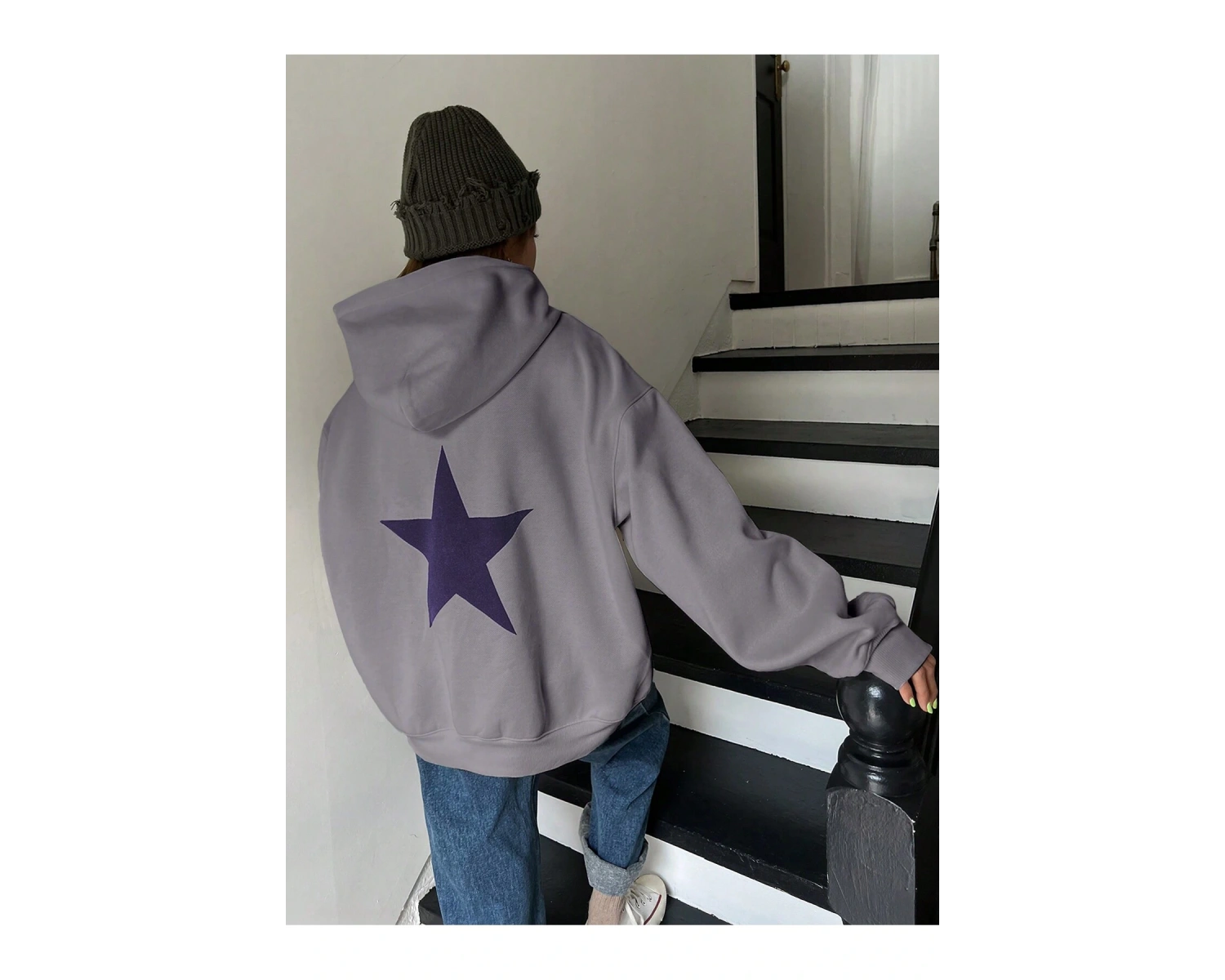 Unisex Kadın/Erkek DAZY Yıldız Desenli Düşük Omuzlu Kapüşonlu Üst