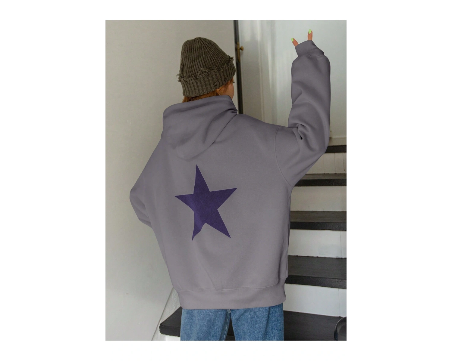 Unisex Kadın/Erkek DAZY Yıldız Desenli Düşük Omuzlu Kapüşonlu Üst