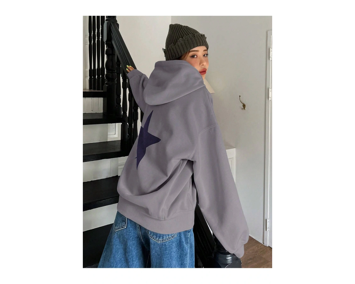 Unisex Kadın/Erkek DAZY Yıldız Desenli Düşük Omuzlu Kapüşonlu Üst