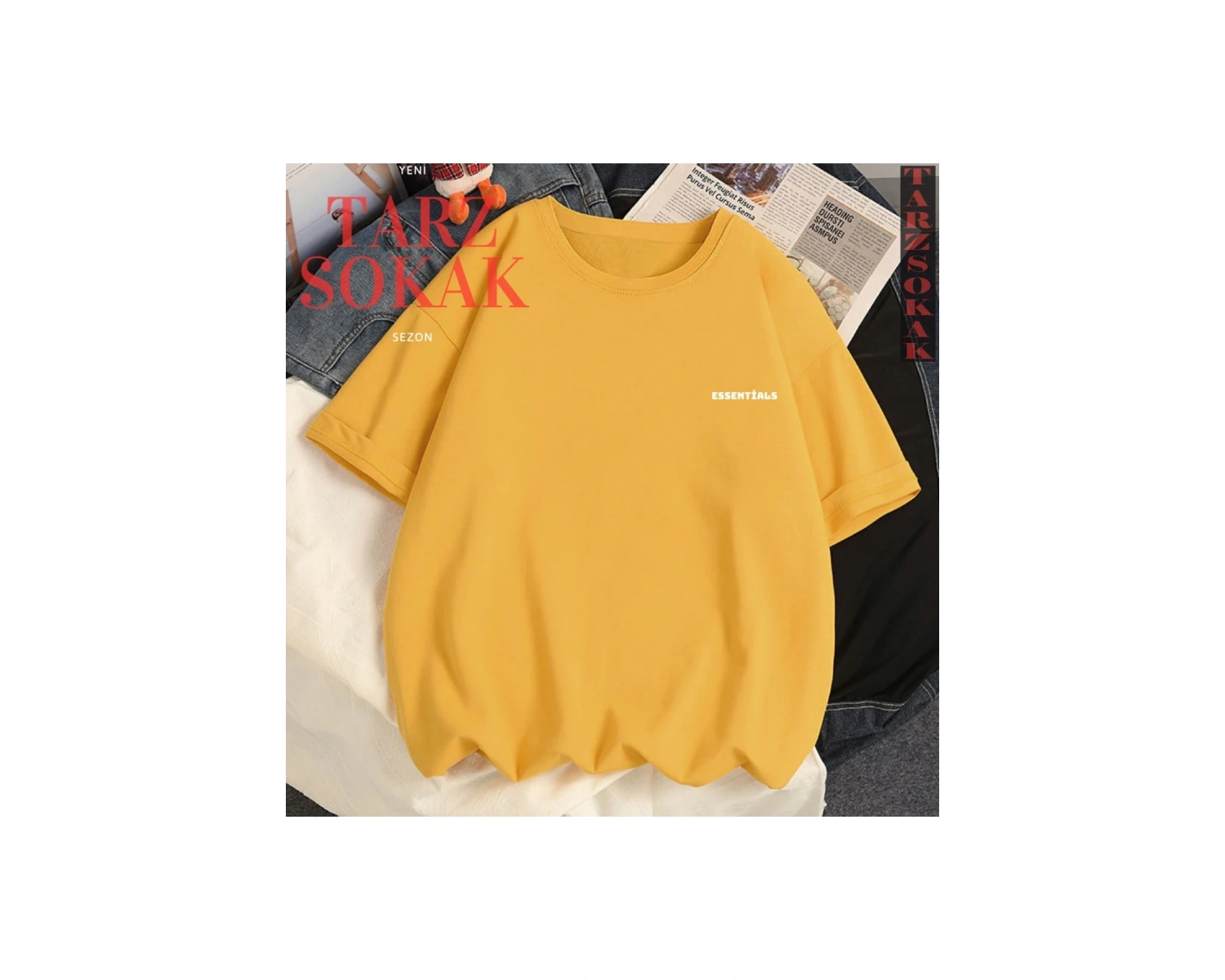 Unisex Kadın/Erkek ESSENTİALS Yazı Özel Renkli Oversize Bisiklet Yaka Pamuklu T-Shirt