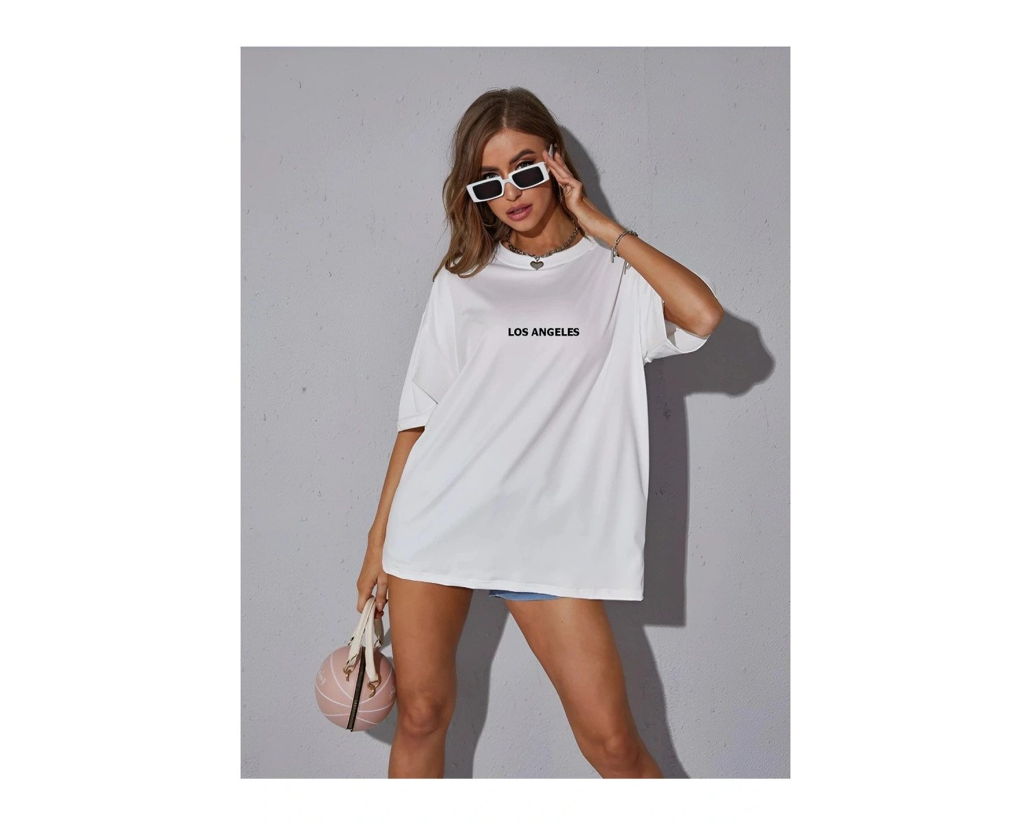 Unisex Kadın/Erkek LOS ANGELES Renkli Özel Baskılı Oversize Pamuk Penye Bisiklet Yaka