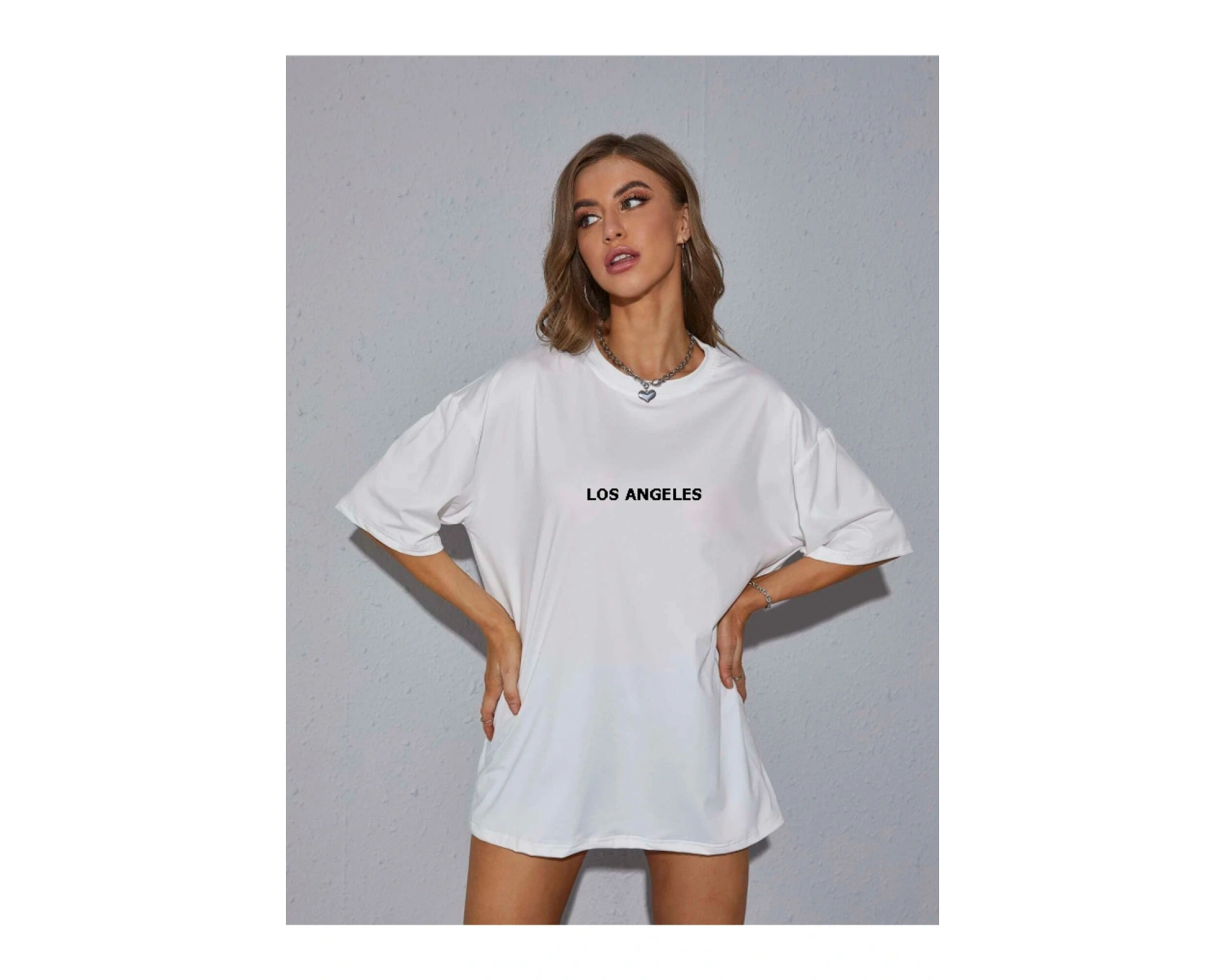 Unisex Kadın/Erkek LOS ANGELES Renkli Özel Baskılı Oversize Pamuk Penye Bisiklet Yaka