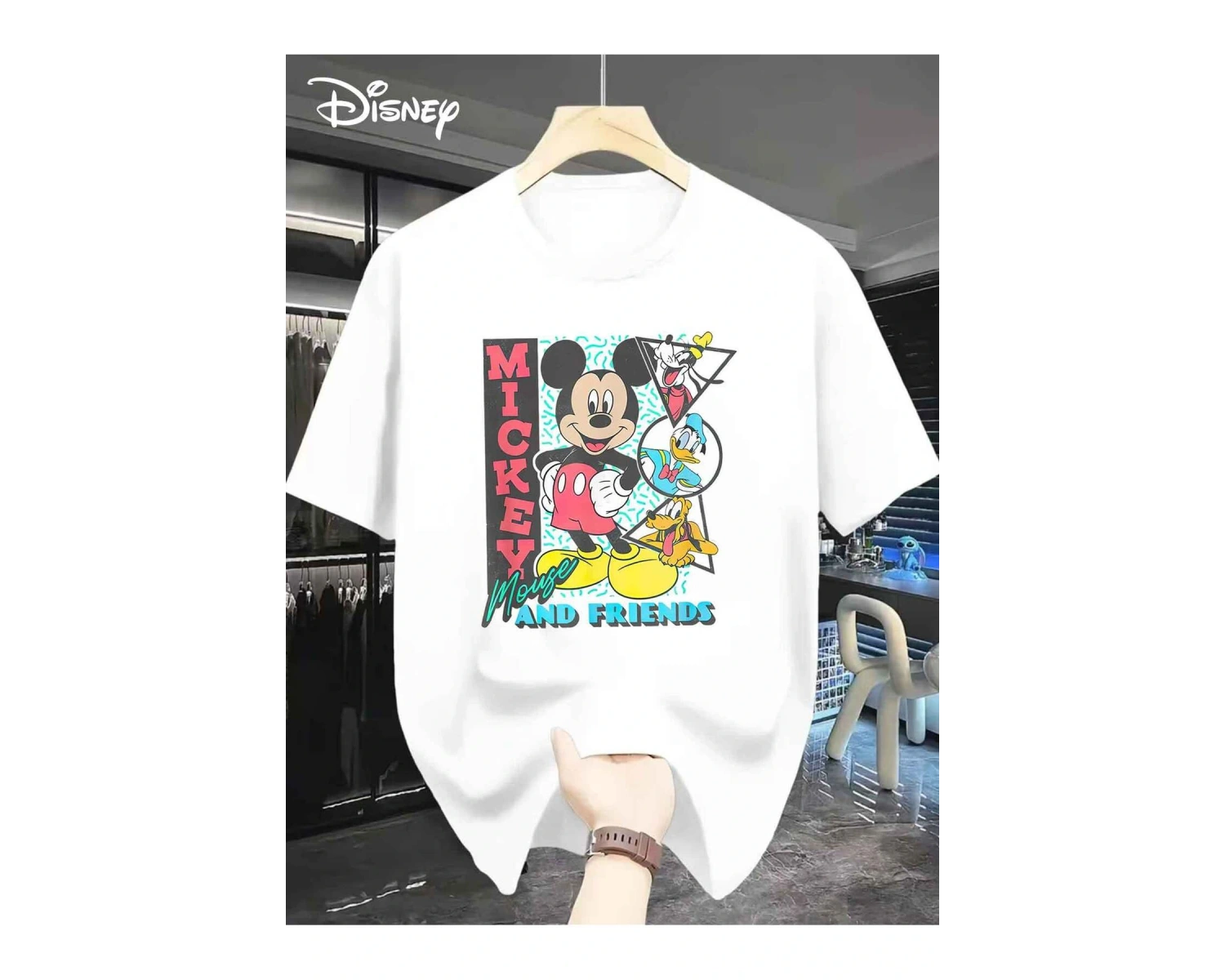 Unisex Kadın Erkek Mickey Mous Özel Baskılı Oversize Pamuk Penye T-shirt Beyaz