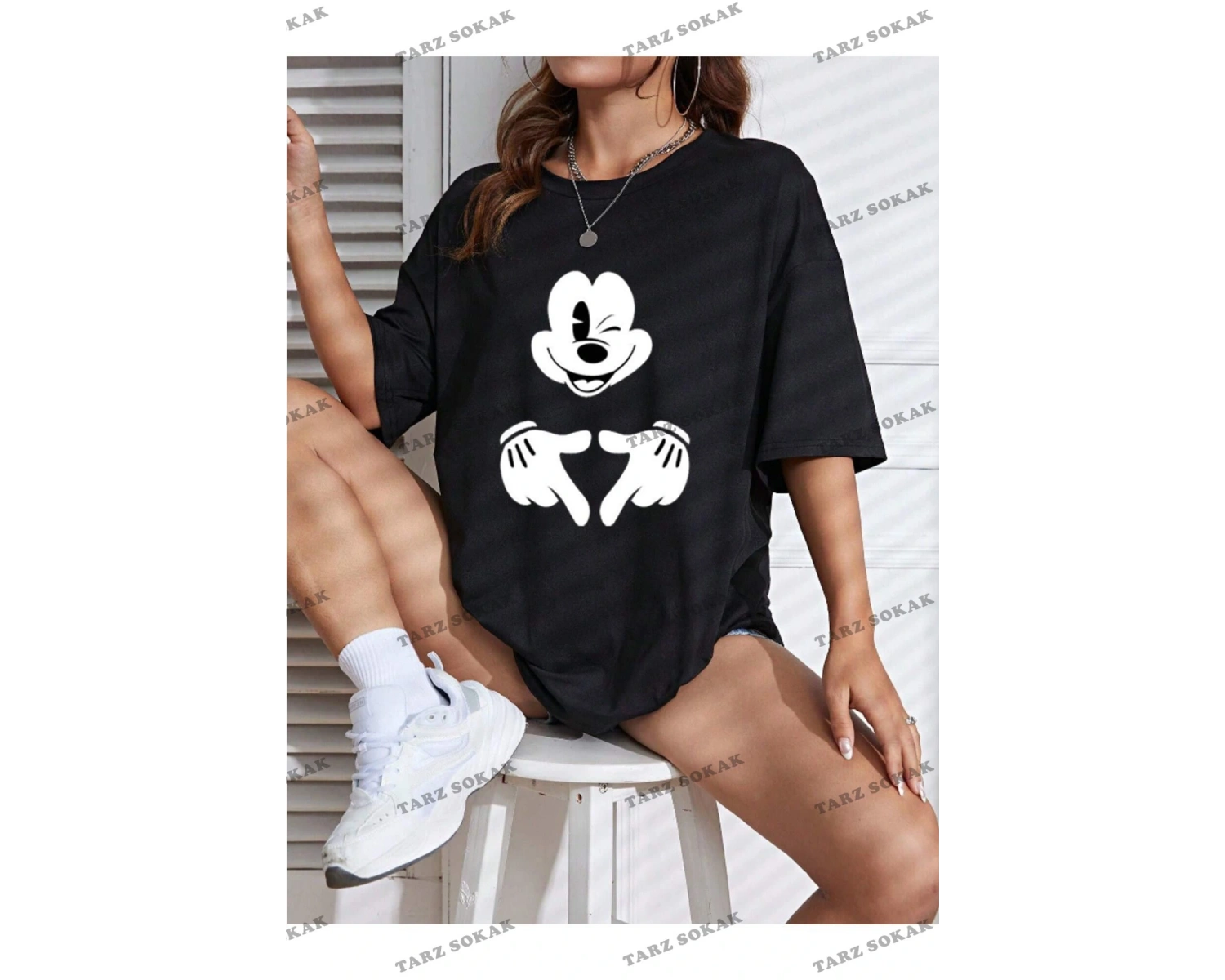 Unisex Kadın/Erkek Mickey Mouse Renkli Özel Baskılı Oversize Pamuk Penye