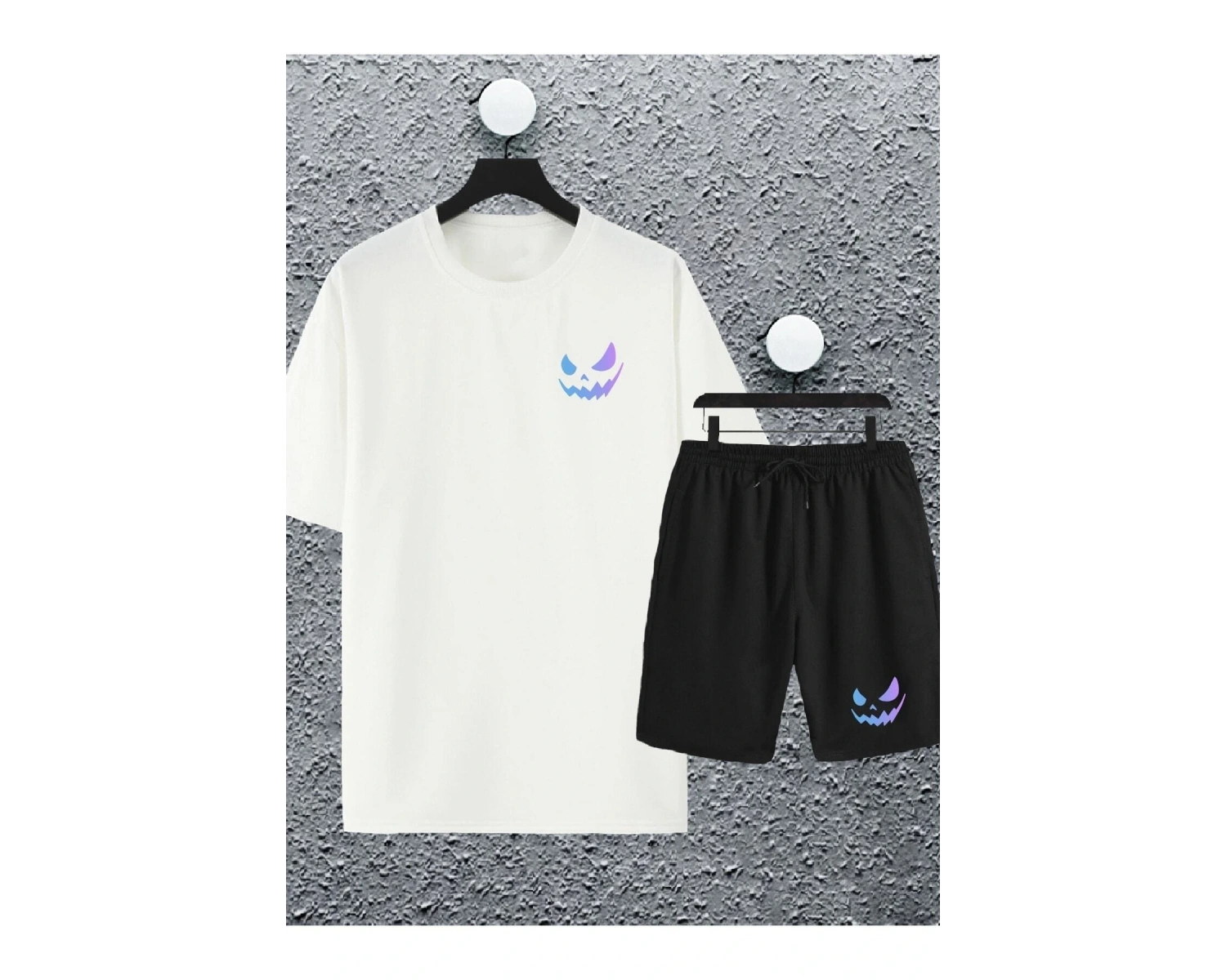 Unisex Kadın Erkek Renkli Gülen Yüz Baskılı Oversize Tshirt ve Şort Eşofman Takımı