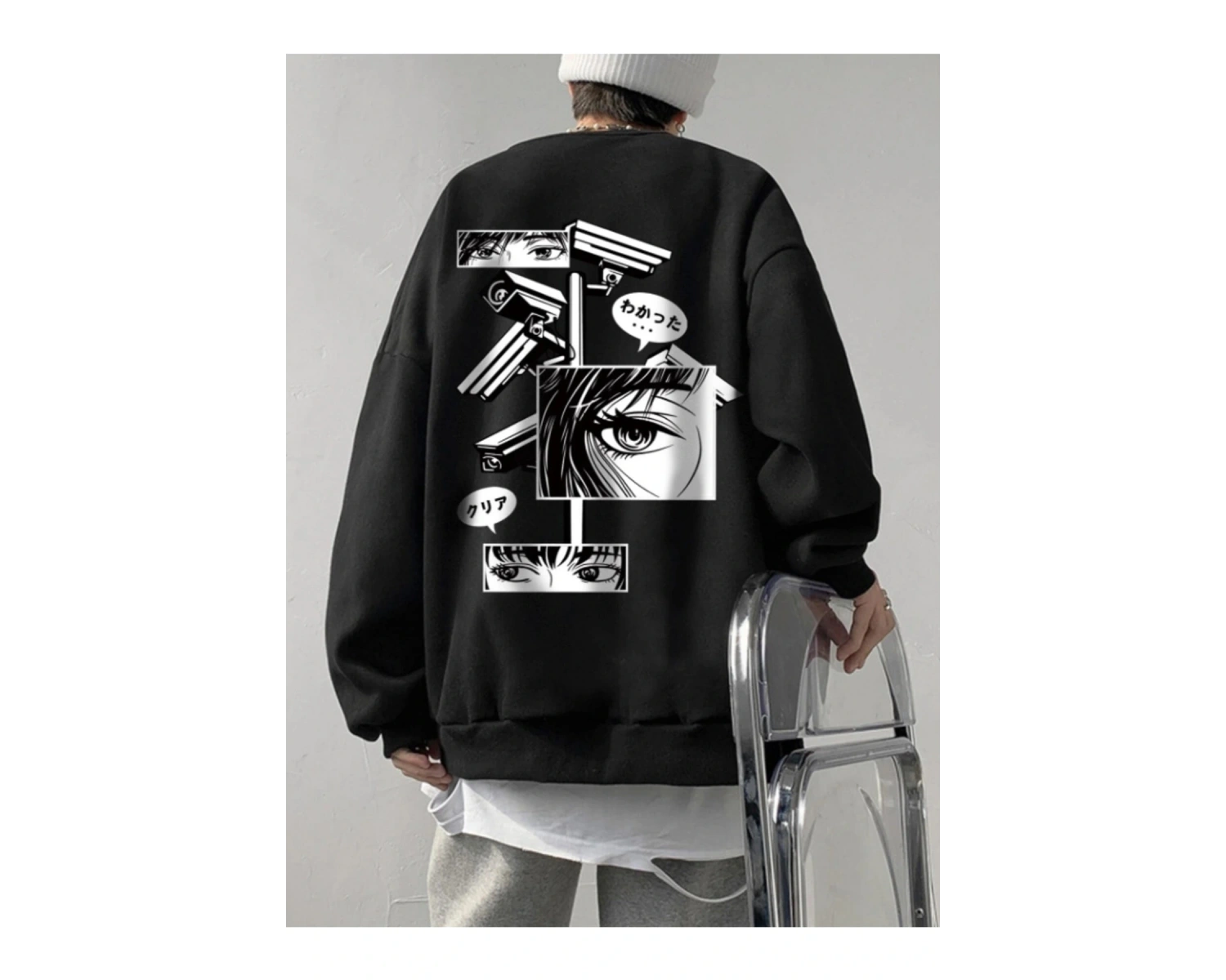Unisex Kadın/Erkek Siyah Anime Oversize Bisiklet Yaka Pamuklu Sweatshirt